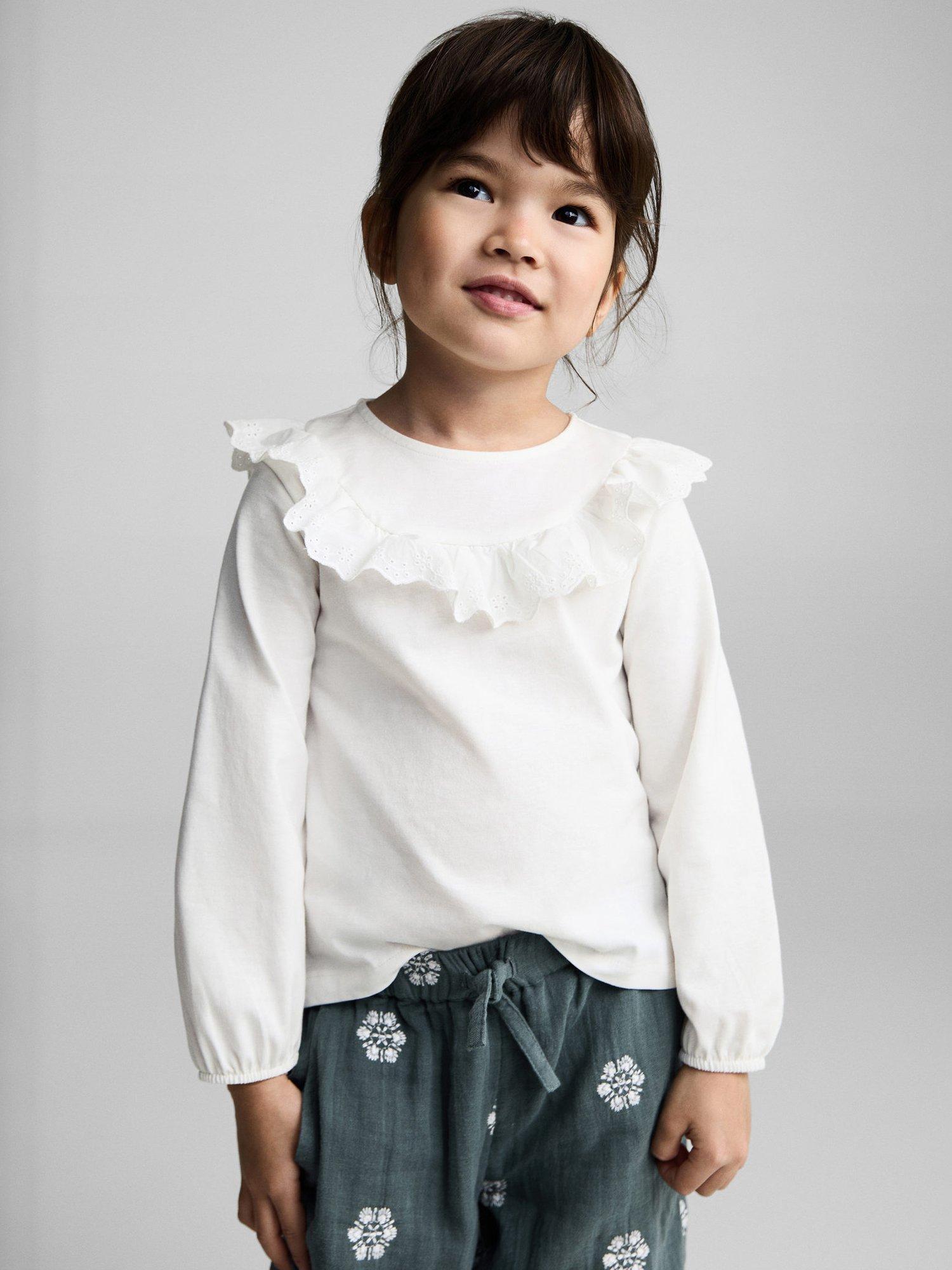 Product image 1 of 7, which shows Mango Kids' Isabella Cotton Ruffle Detail Top, Natural White, 5-6 years