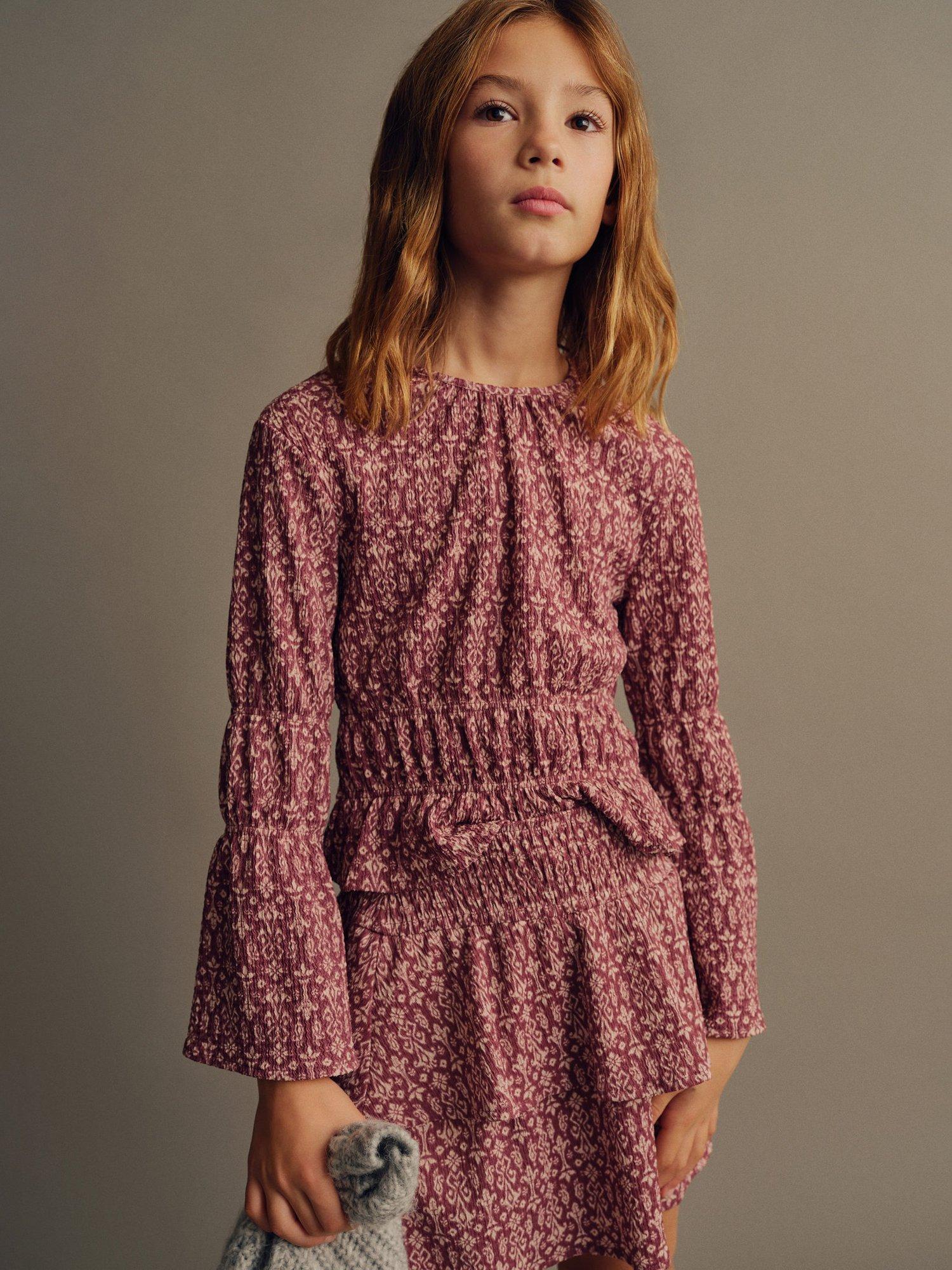 Product image 1 of 7, which shows Mango Kids' Sonia Fluted Sleeve Blouse, Dark Red, 13-14 years