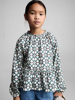 Mango Kids' Titi Geometric Peplum Blouse, Beige/Multi, Beige/Multi