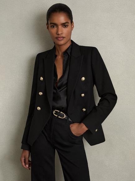 Reiss Tally Wool Blend Double Breasted Blazer, Black
