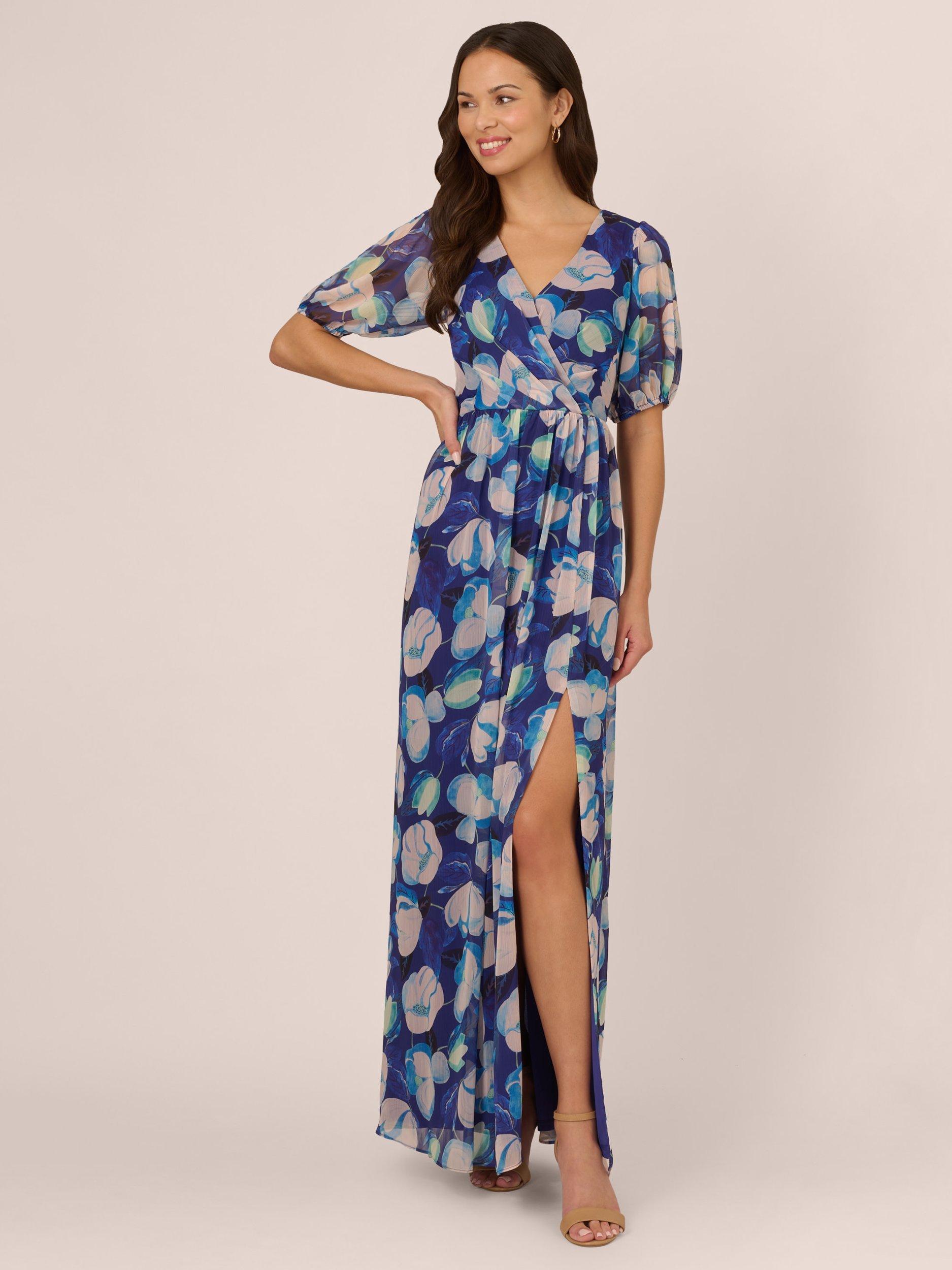 Adrianna Papell Floral Crinkle Chiffon Dress, Blue/Multi