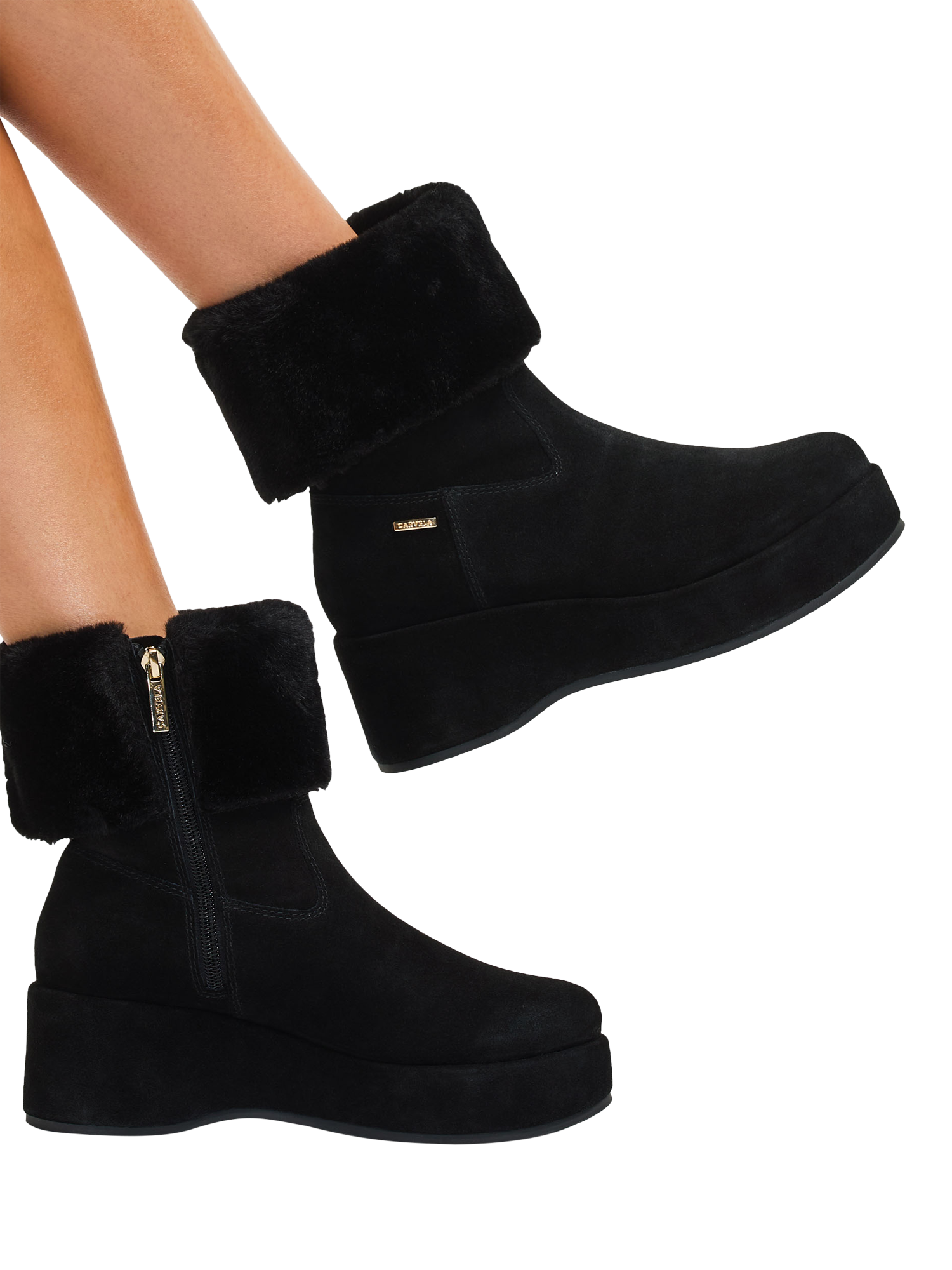 Product image 2 of 5, which shows Carvela Apres Suede Faux Fur Wedge Ankle Boots, Black, 3