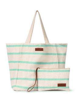 Seaspray Jumbie Stripe Beach Bag and Purse Set, Aqua/White, Aqua/White