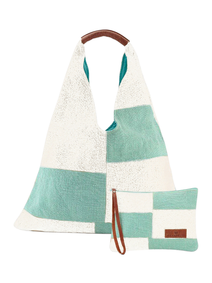 Seaspray Patchwork Beach Bag and Purse Set, Aqua/Natural White