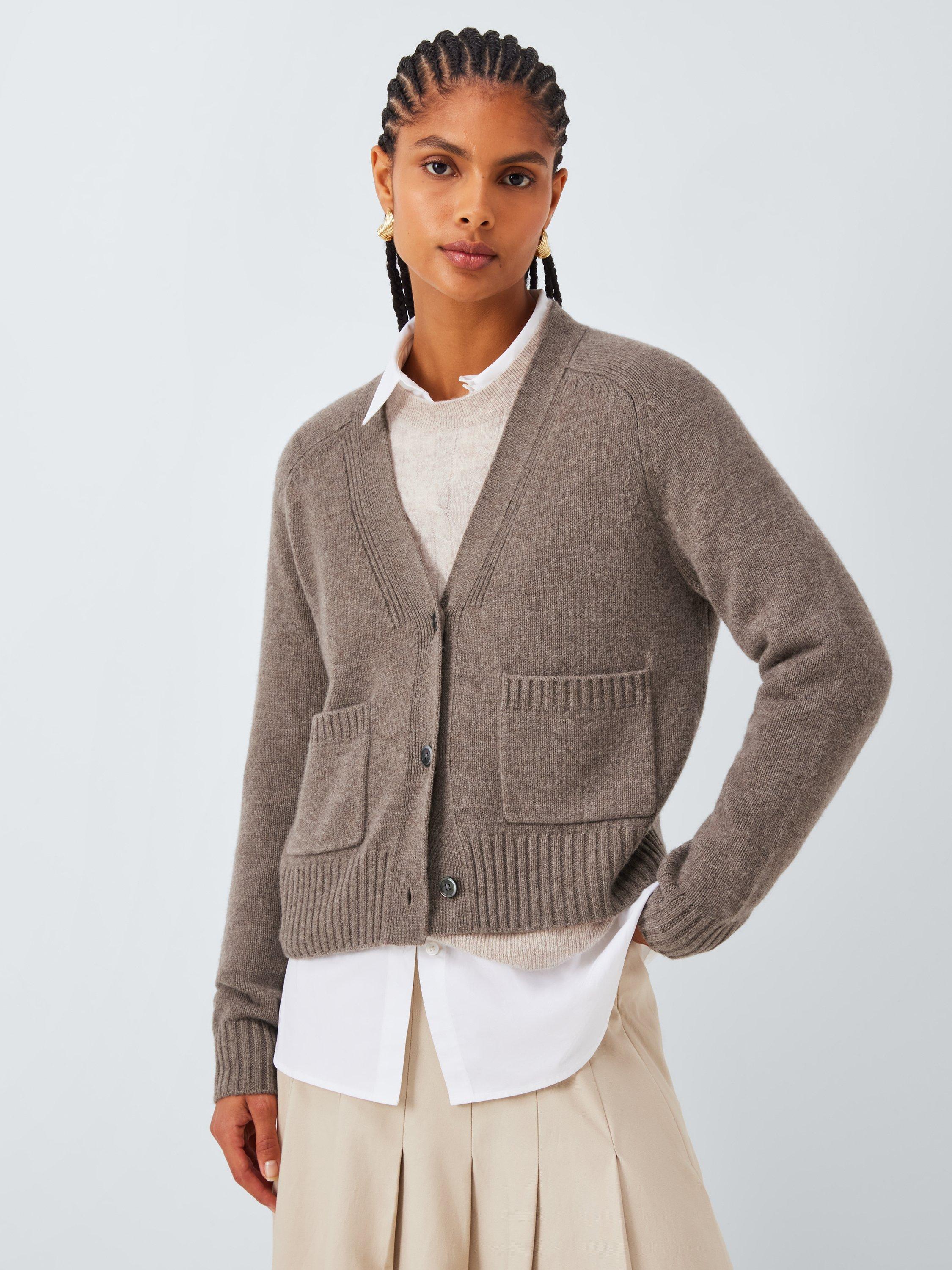 Product image 1 of 6, which shows John Lewis Wool Blend V-Neck Cardigan, Taupe, XS