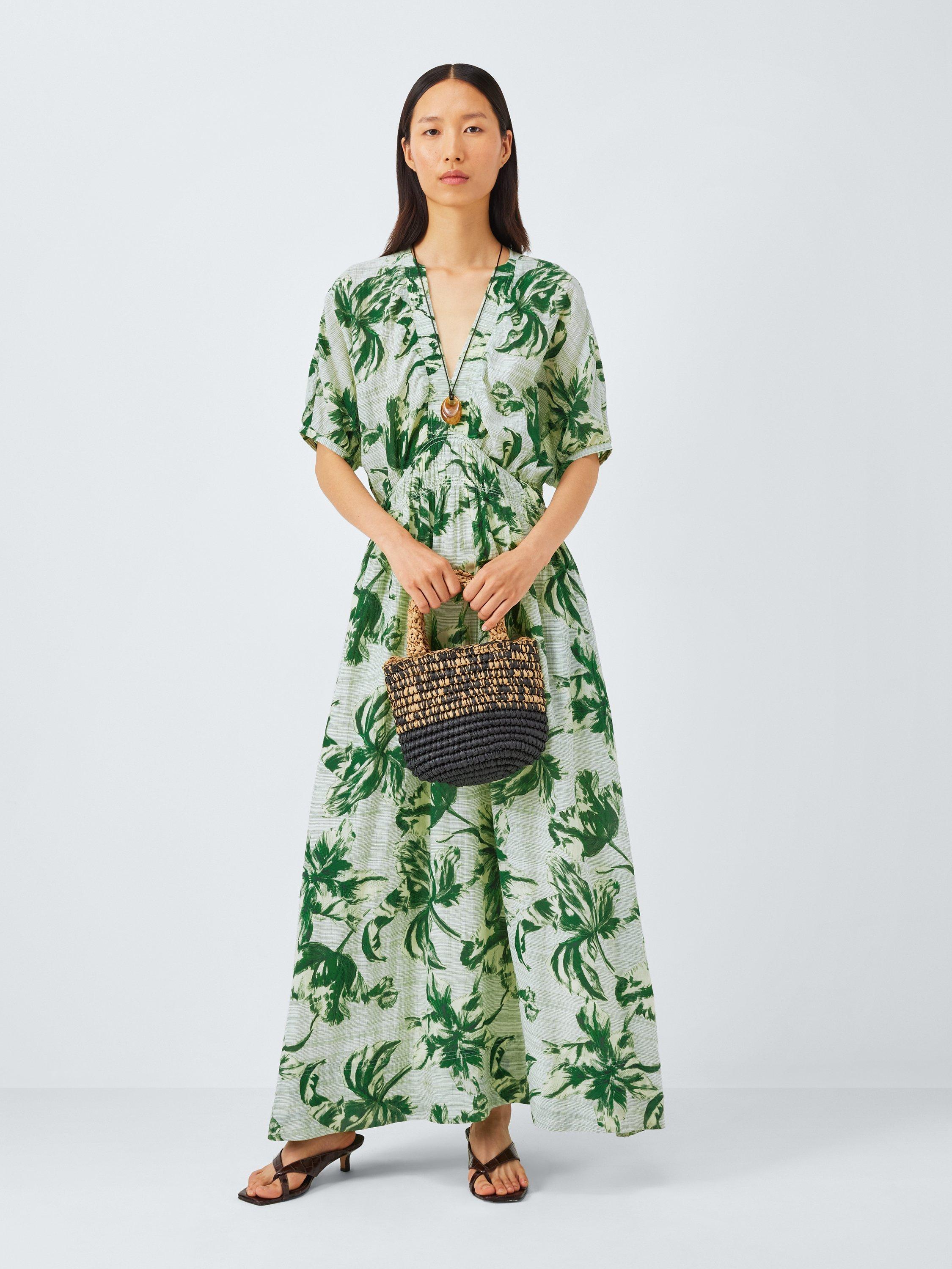 Product image 3 of 6, which shows John Lewis Danique Cotton Blend Floral Maxi Tea Dress, Green, 8
