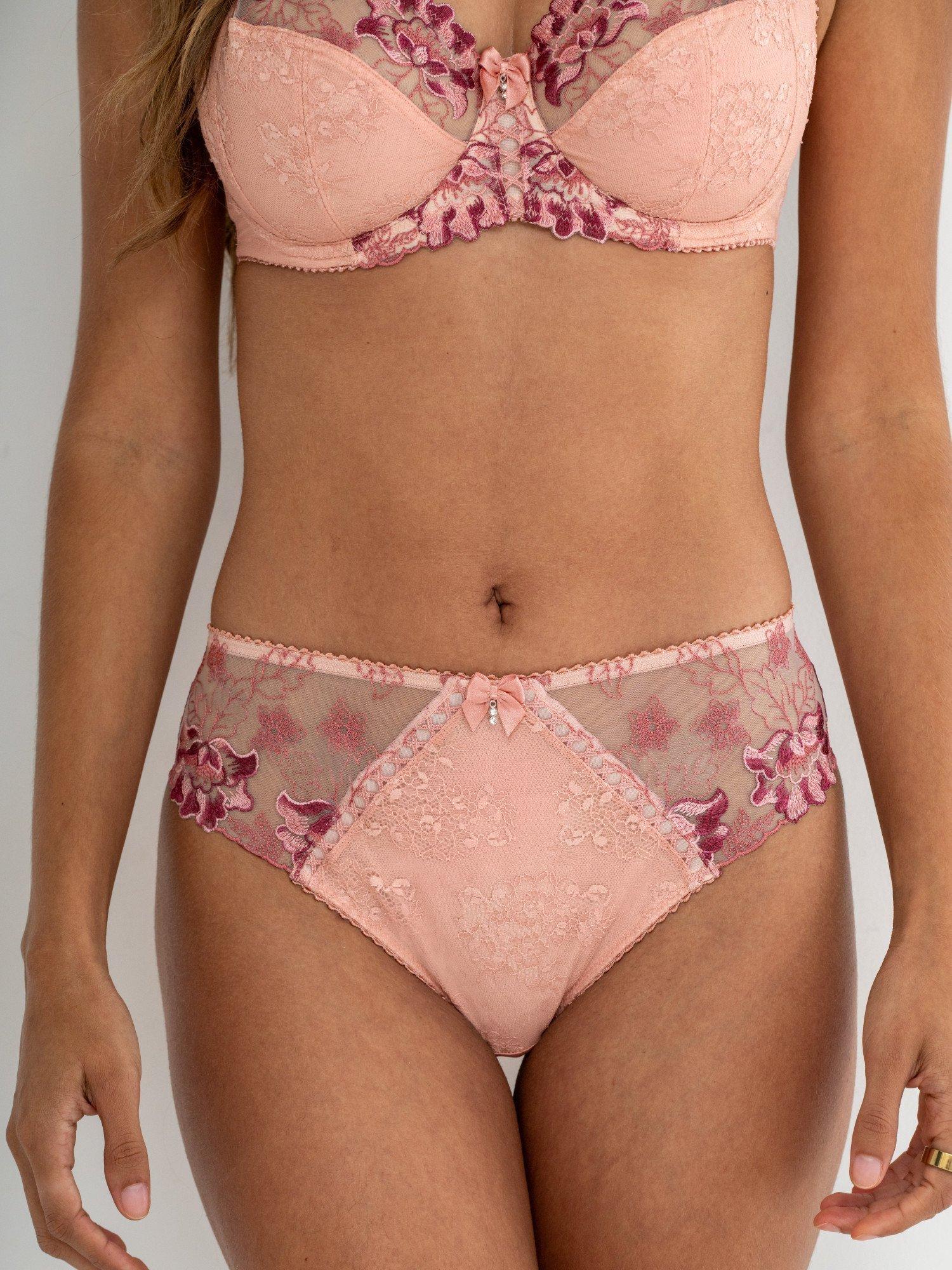 Product image 2 of 6, which shows Pour Moi Sofia Embroidered Lace Bikini Knickers, Soft Pink/Mulberry, 8