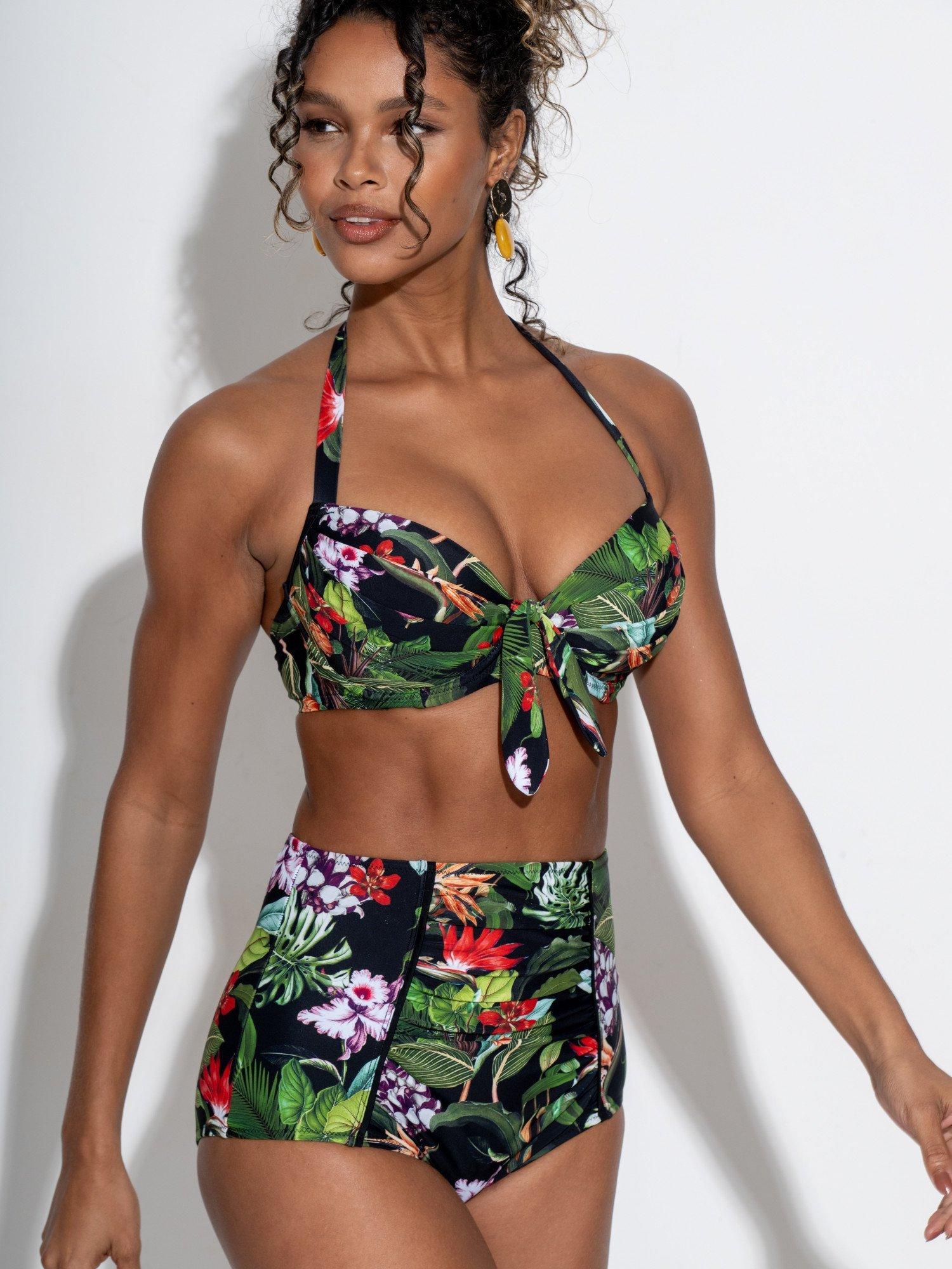 Product image 6 of 9, which shows Pour Moi Palermo Super High-Waist Ruched Tummy Control Bikini Bottoms, Black/Multi, 10