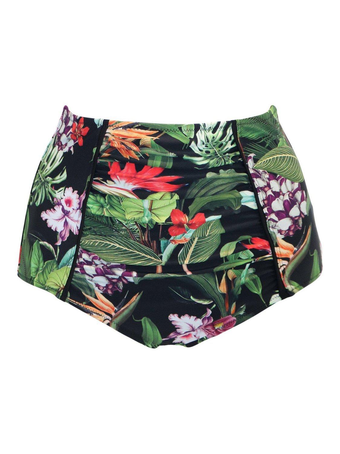 Product image 8 of 9, which shows Pour Moi Palermo Super High-Waist Ruched Tummy Control Bikini Bottoms, Black/Multi, 10