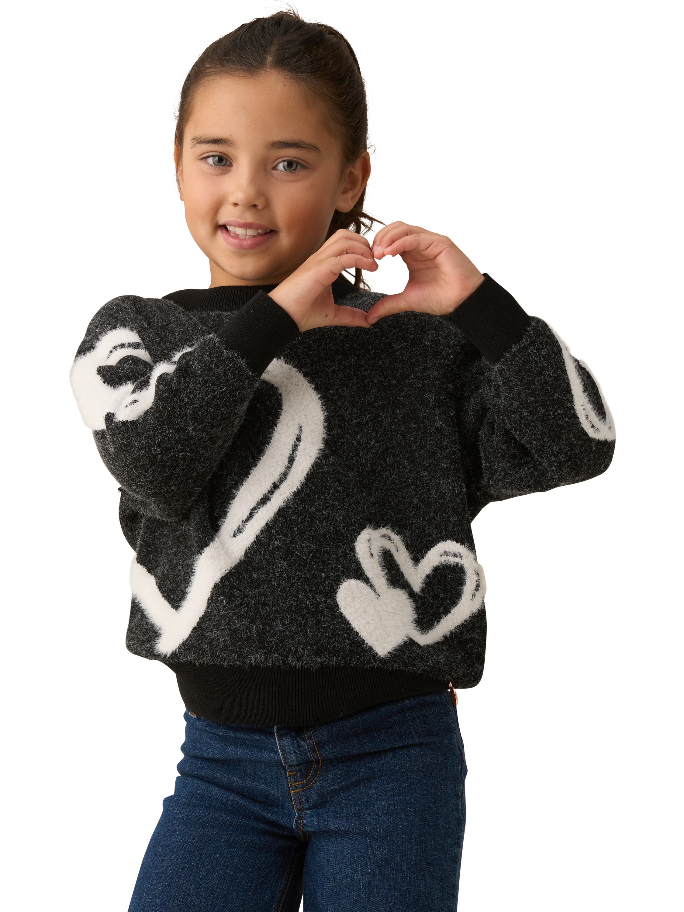 Product image 1 of 8, which shows Angel & Rocket Kids' Black Heart Jumper, Black/White, 3-4 years