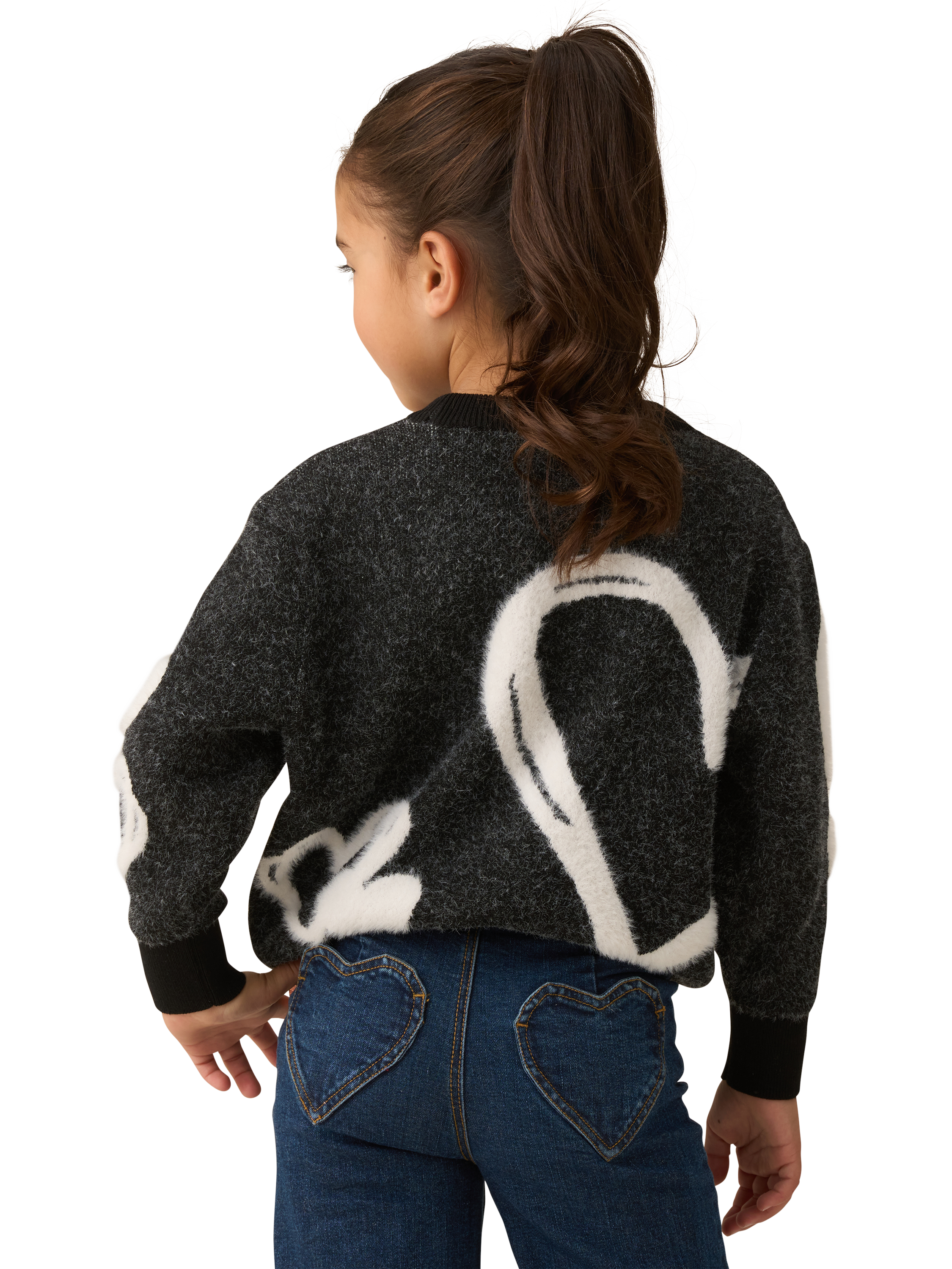 Product image 2 of 8, which shows Angel & Rocket Kids' Black Heart Jumper, Black/White, 3-4 years