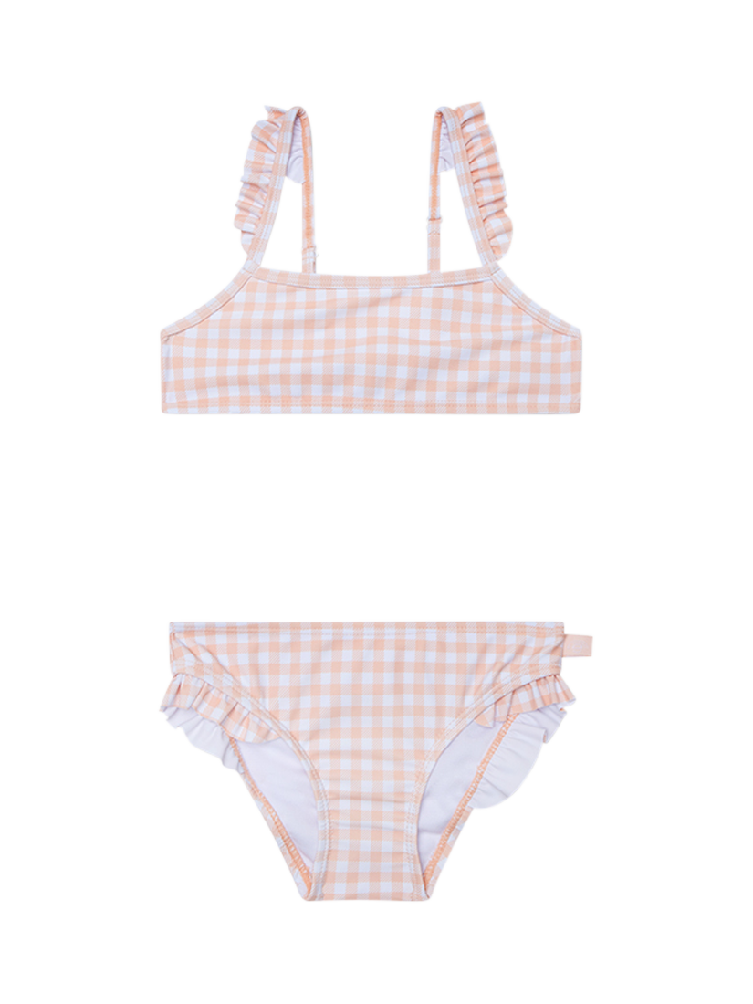Product image 1 of 5, which shows Swim Essentials Kids' UV Gingham Frill Bikini, Apricot Orange, 4-6 years