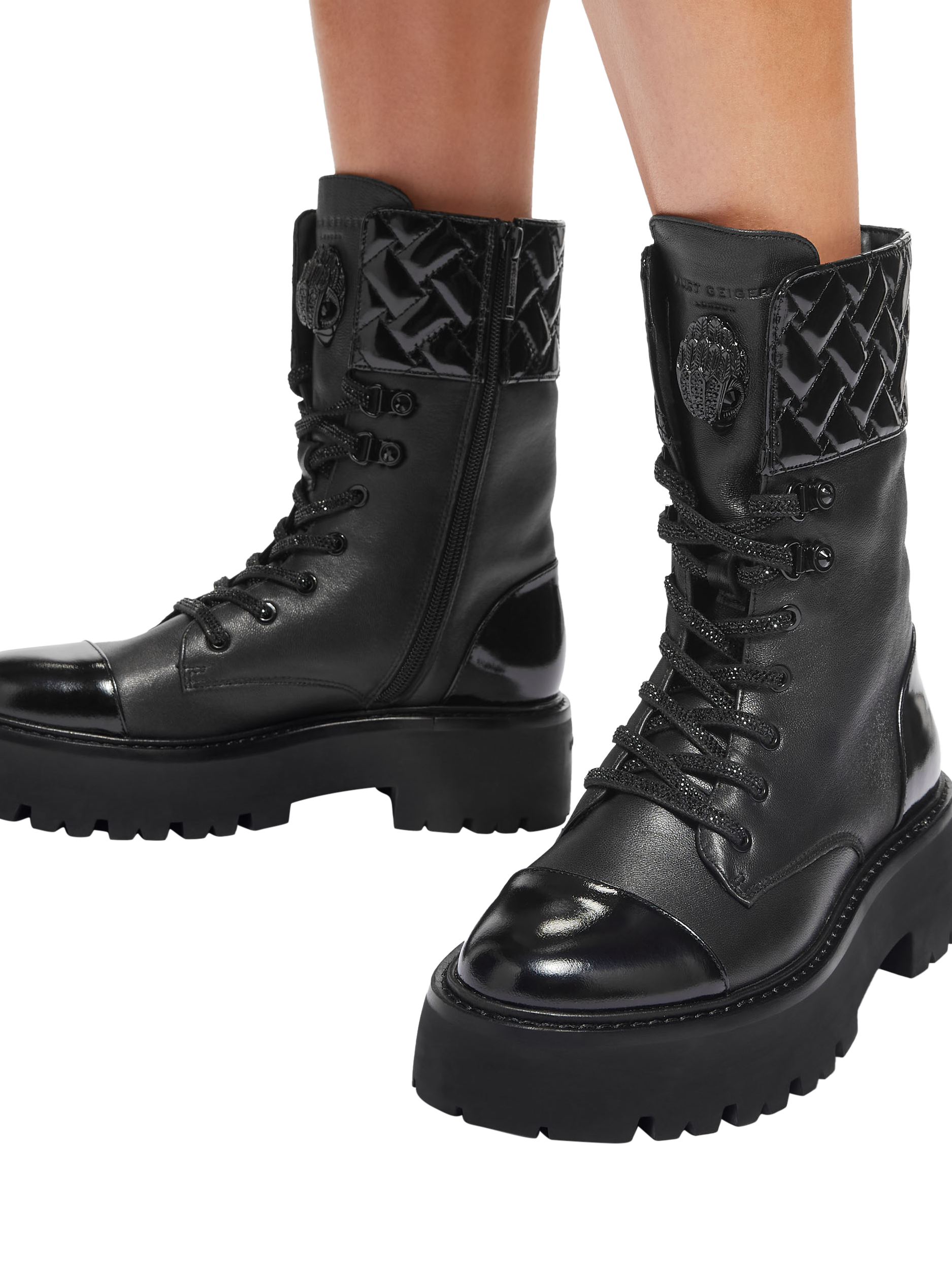 Product image 2 of 6, which shows Kurt Geiger London Kensington Cuff Leather Lace Up Calf Boots, Black, 3