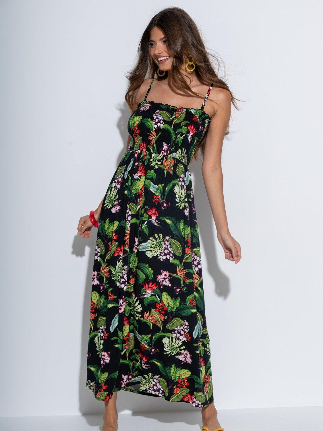 Product image 1 of 6, which shows Pour Moi Strapless Shirred Bodice Maxi Beach Dress, Black/Multi, 8