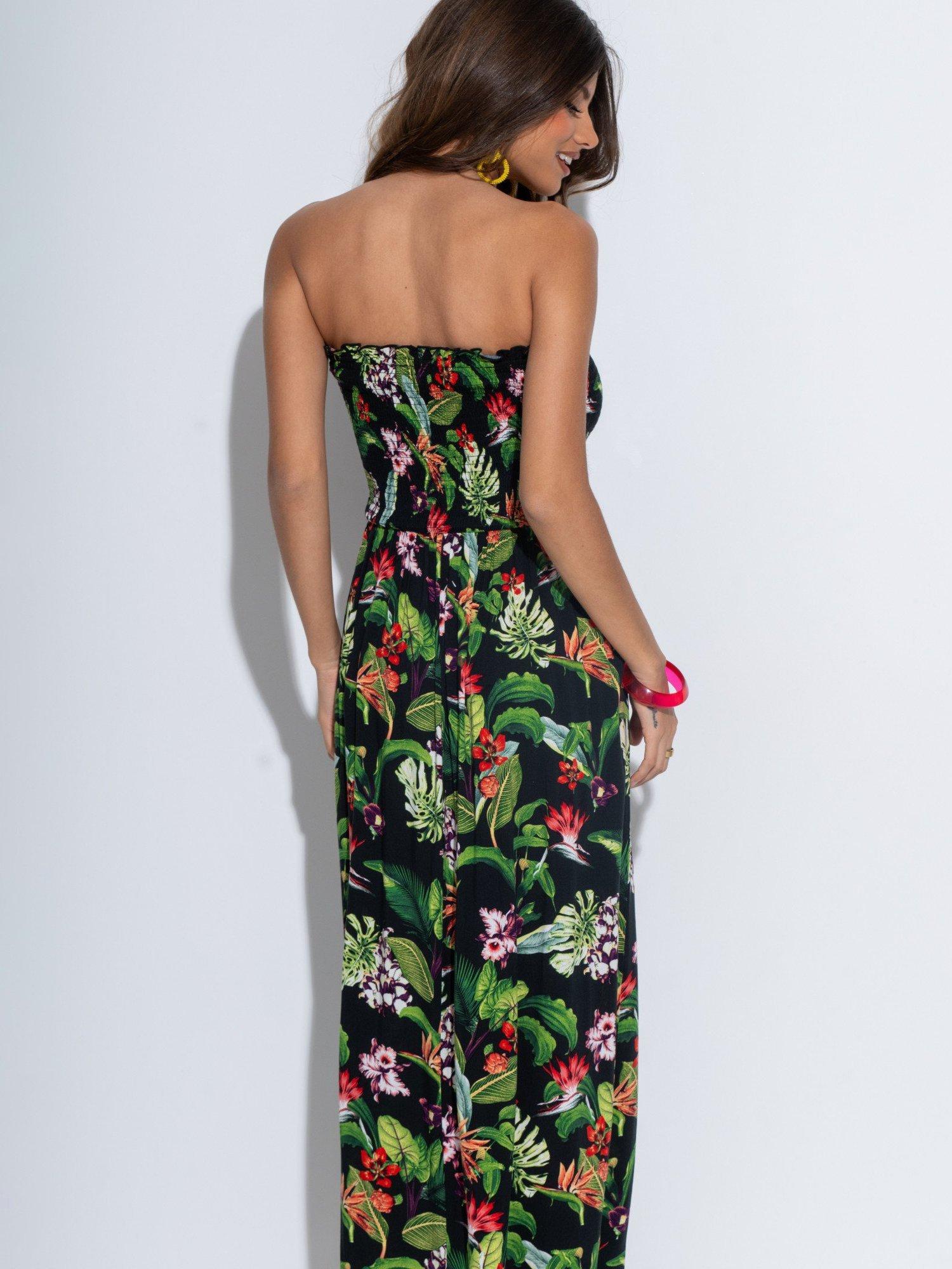 Product image 3 of 6, which shows Pour Moi Strapless Shirred Bodice Maxi Beach Dress, Black/Multi, 8