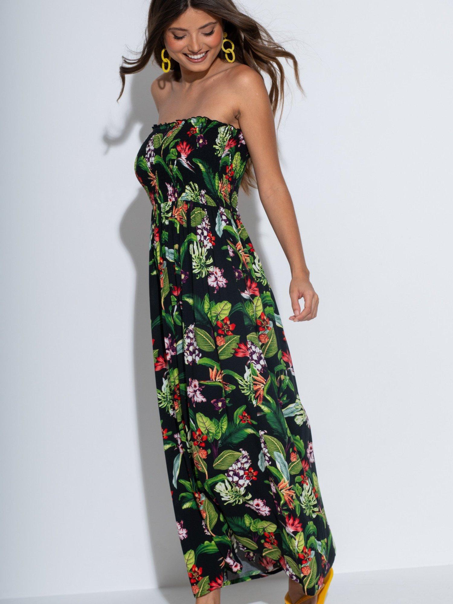 Product image 4 of 6, which shows Pour Moi Strapless Shirred Bodice Maxi Beach Dress, Black/Multi, 8