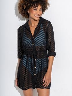 Pour Moi Chevron Stripe Button Through Beach Shirt, Black