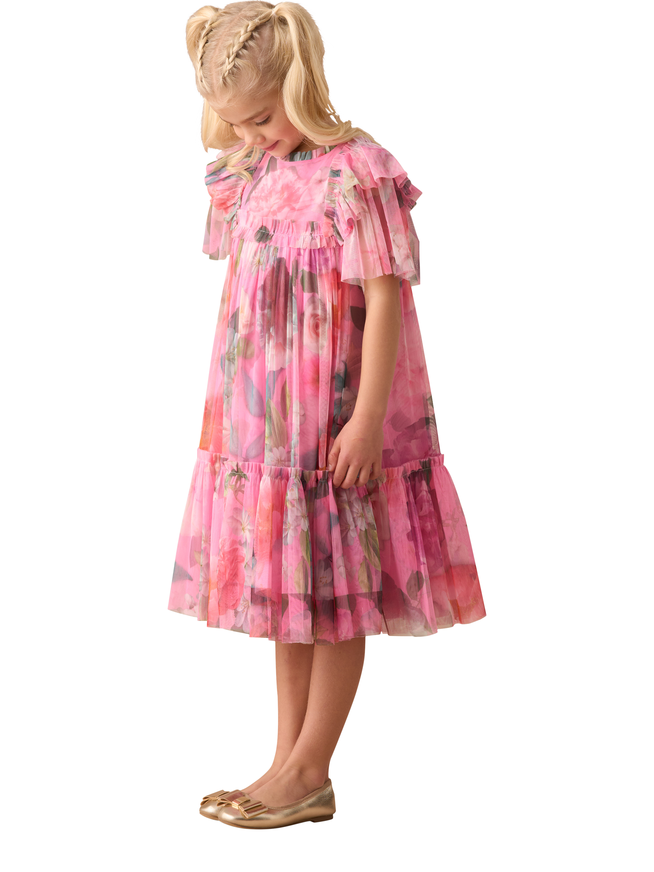 Product image 1 of 9, which shows Angel & Rocket Kids' Printed Tulle Dress, Pink/Multi, 7 years