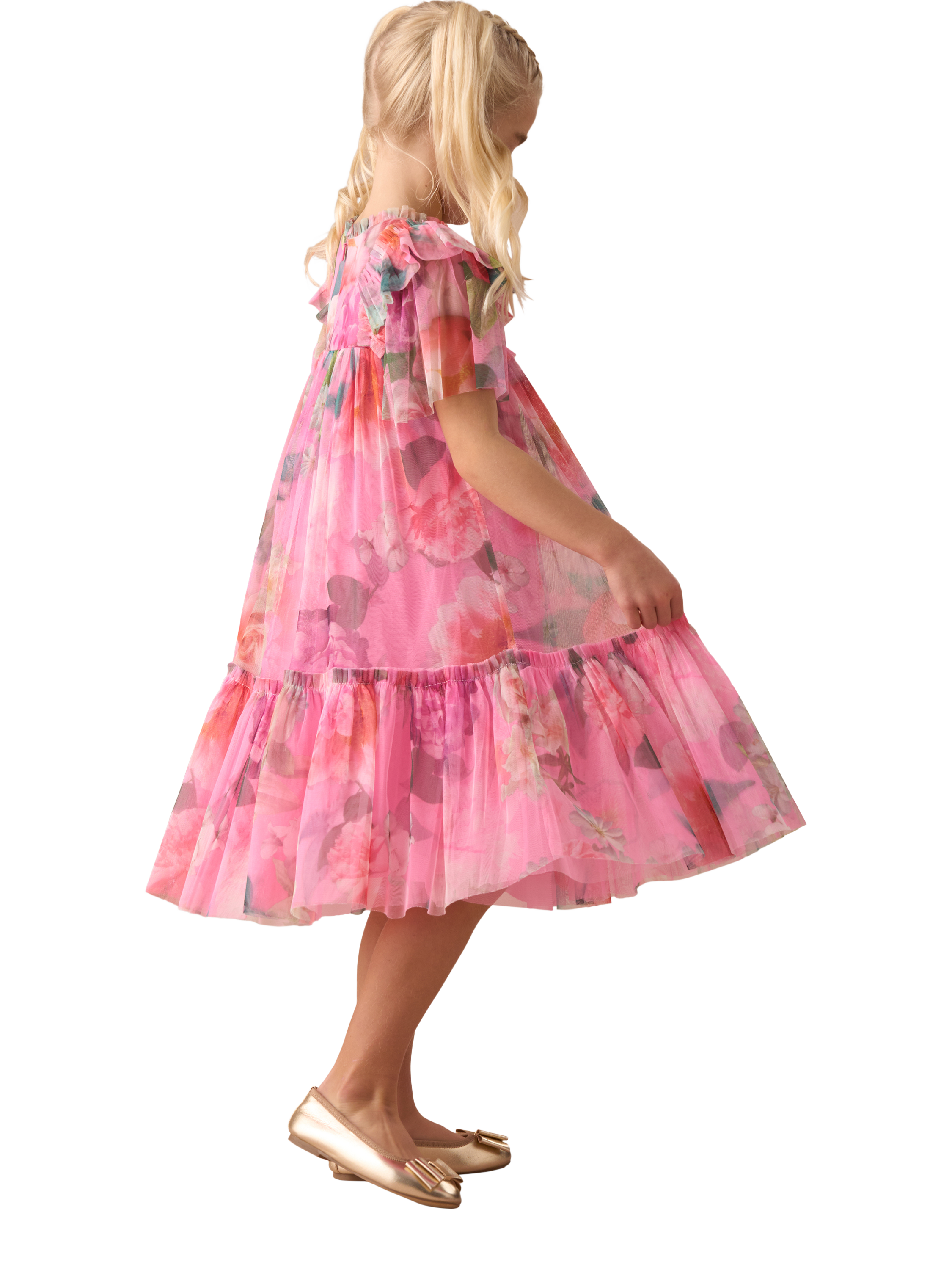 Product image 3 of 9, which shows Angel & Rocket Kids' Printed Tulle Dress, Pink/Multi, 7 years