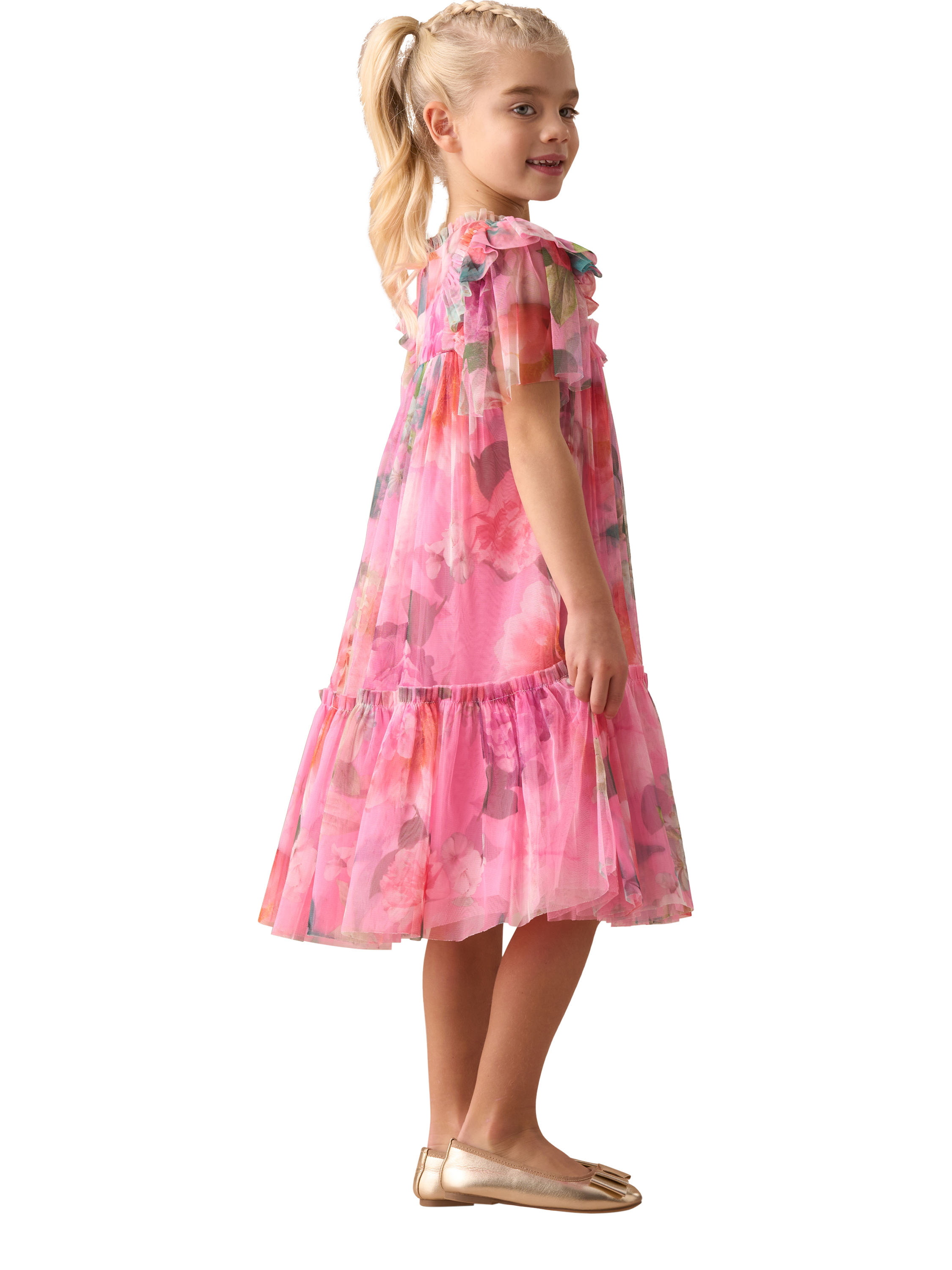 Product image 4 of 9, which shows Angel & Rocket Kids' Printed Tulle Dress, Pink/Multi, 7 years
