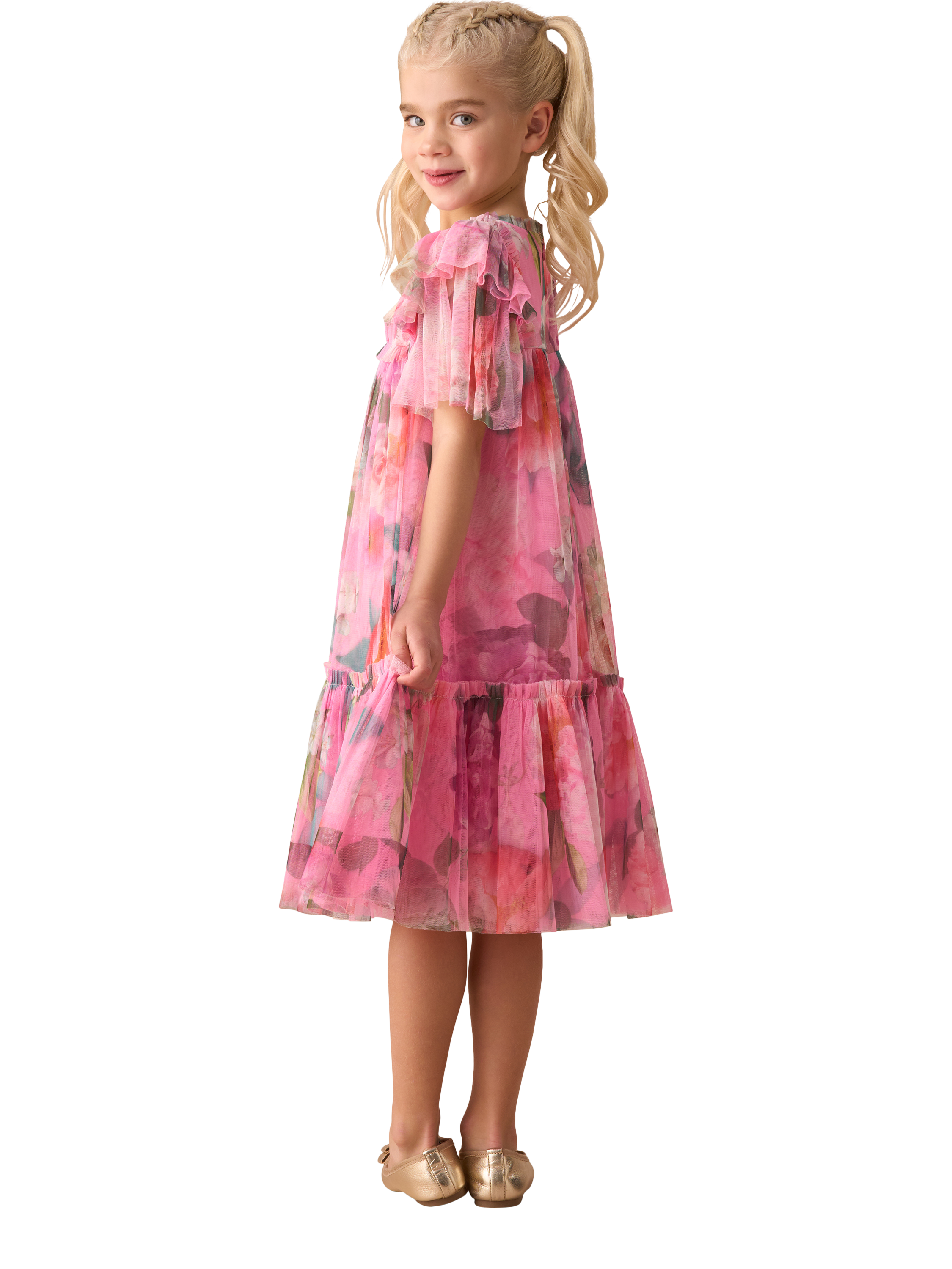 Product image 5 of 9, which shows Angel & Rocket Kids' Printed Tulle Dress, Pink/Multi, 7 years