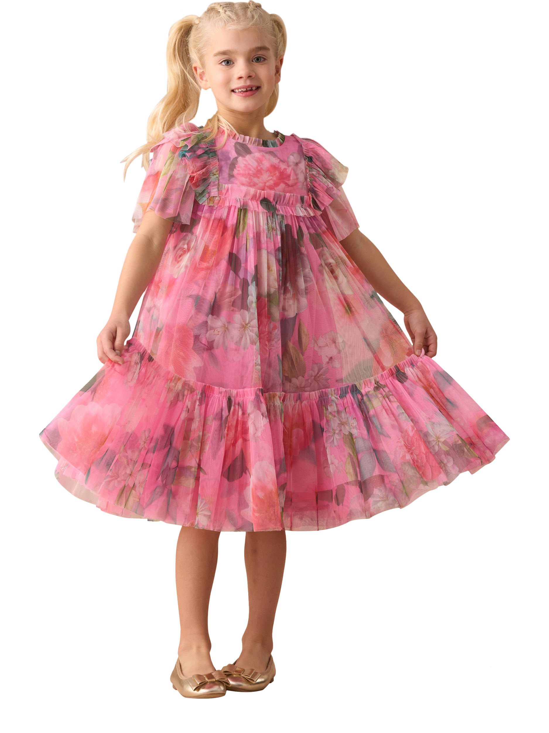 Product image 6 of 9, which shows Angel & Rocket Kids' Printed Tulle Dress, Pink/Multi, 7 years