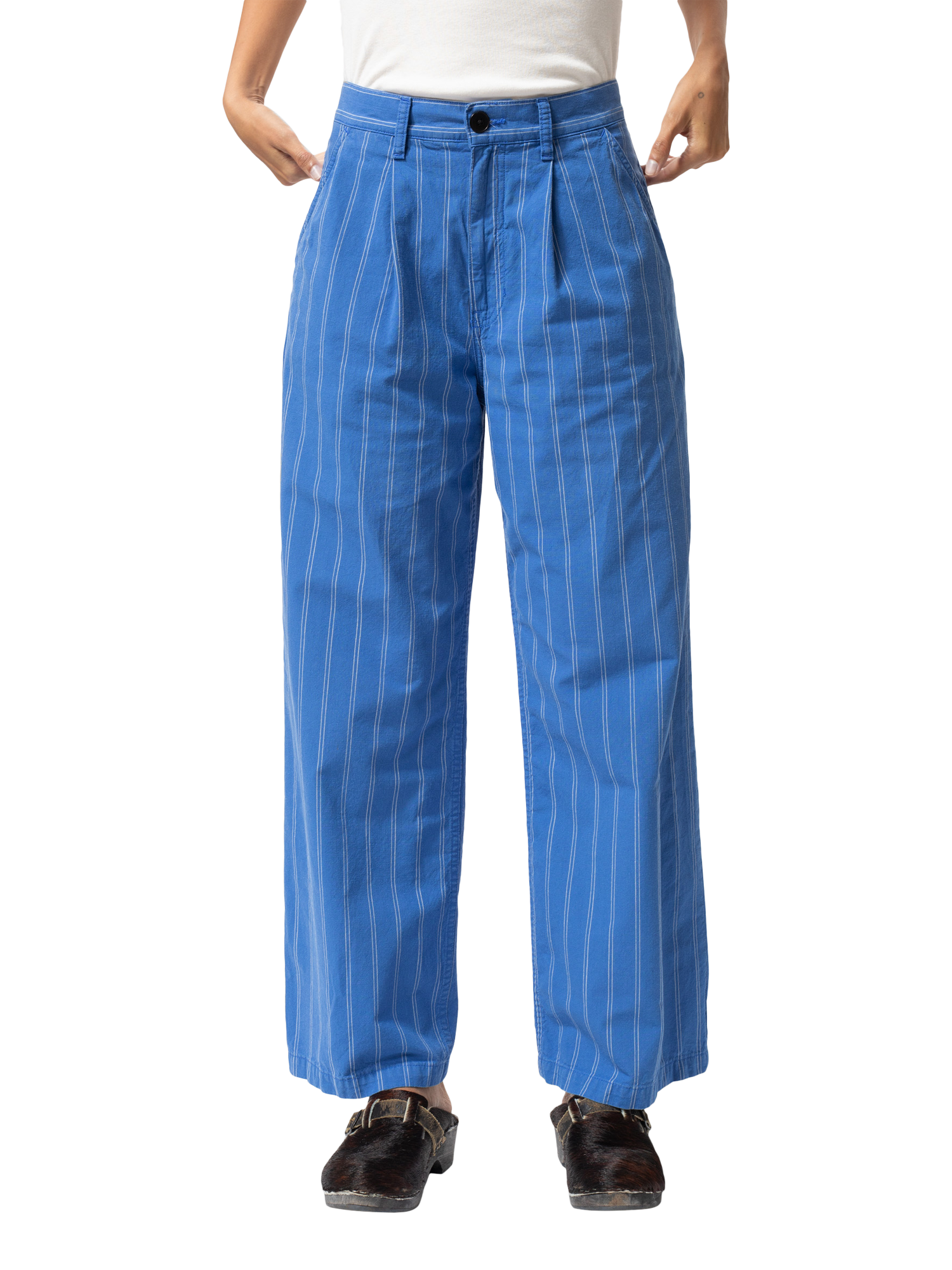 Product image 1 of 8, which shows Nudie Jeans Gullan Stripe Trousers, Blue/White, 26
