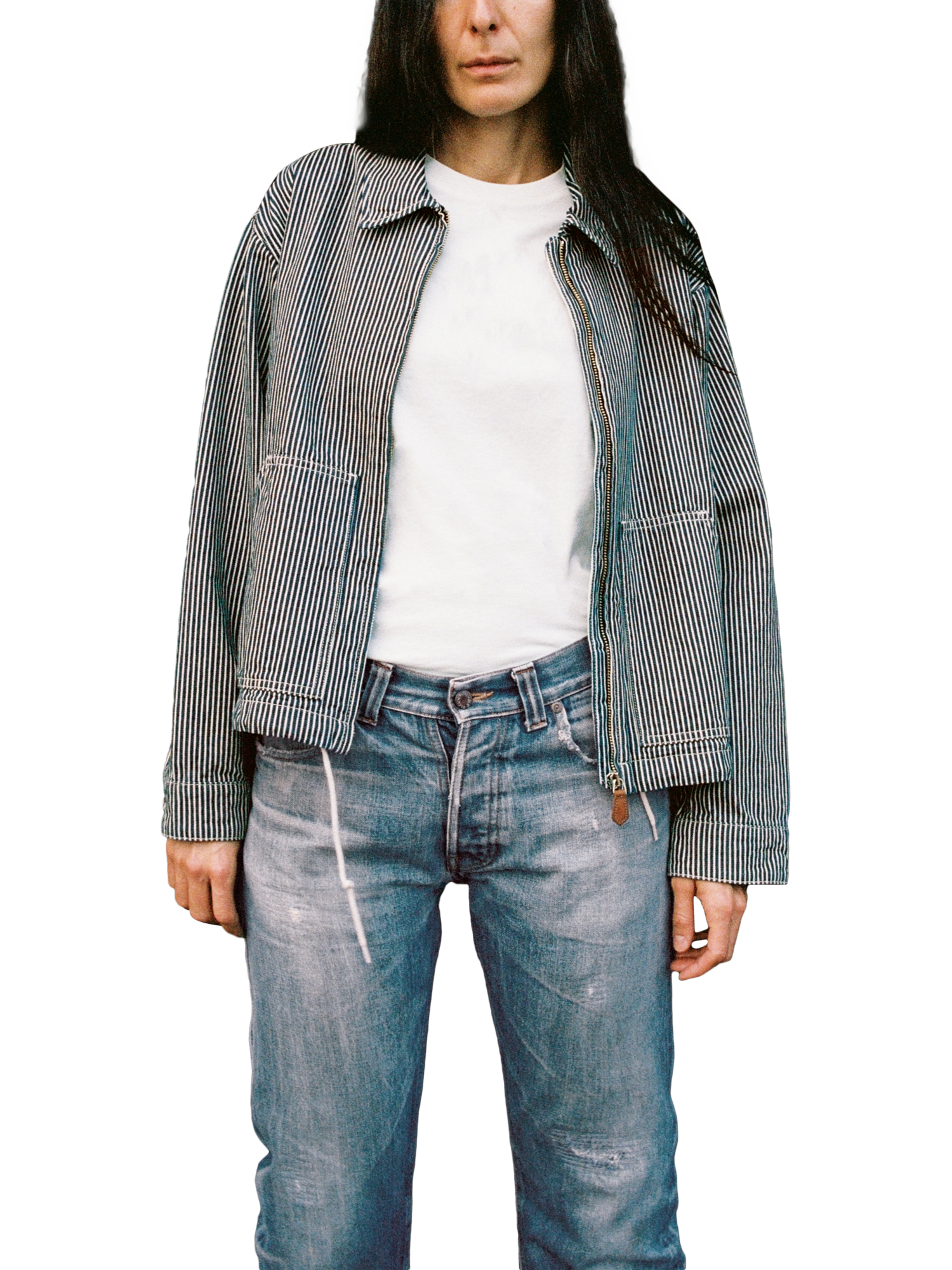 Product image 1 of 7, which shows Nudie Jeans Jade Stripe Zip Jacket, Blue/White, XS