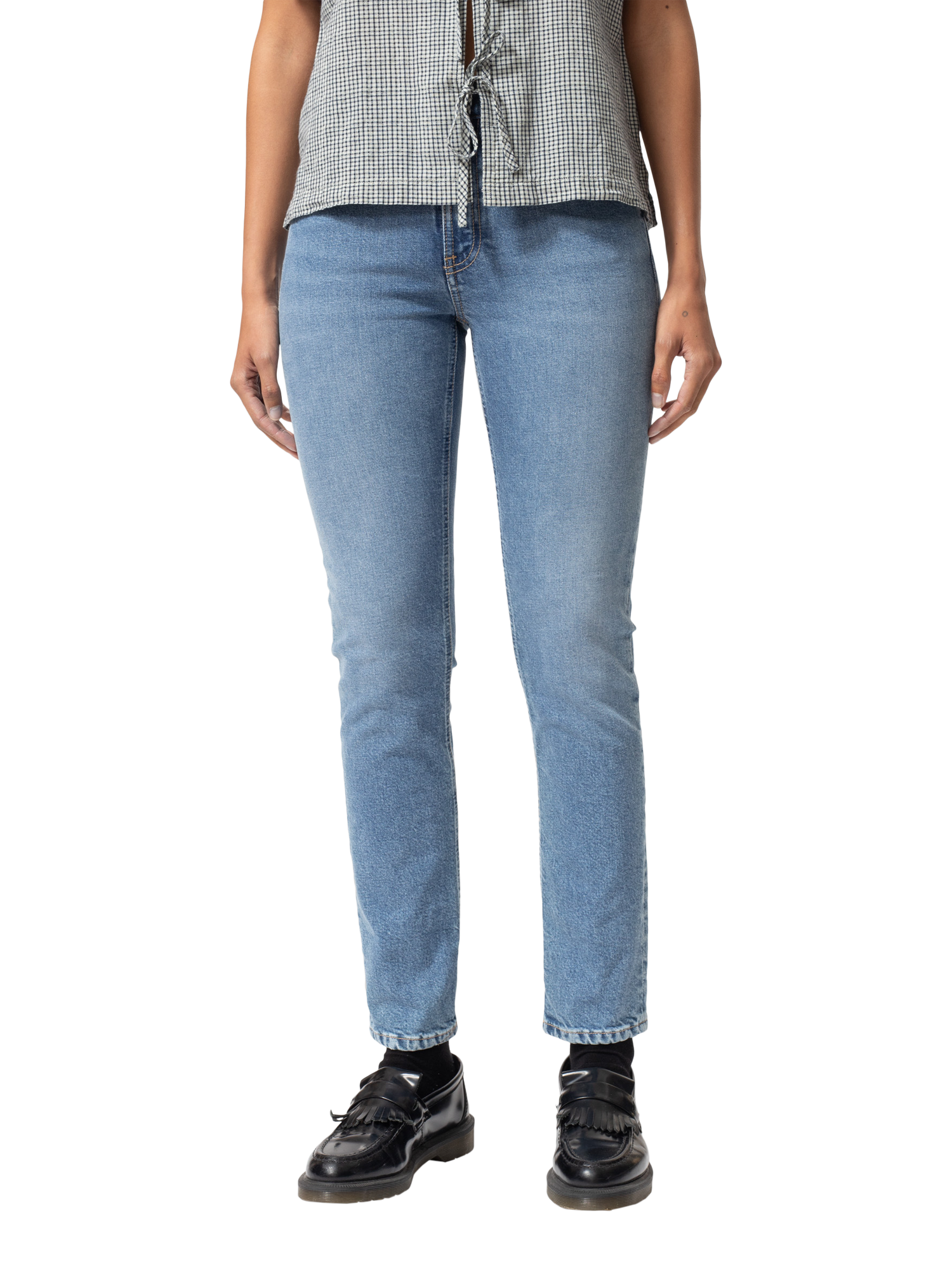 Product image 1 of 8, which shows Nudie Jeans Mellow Mae Slim Fit Straight Leg Jeans, Blue, W24/L28