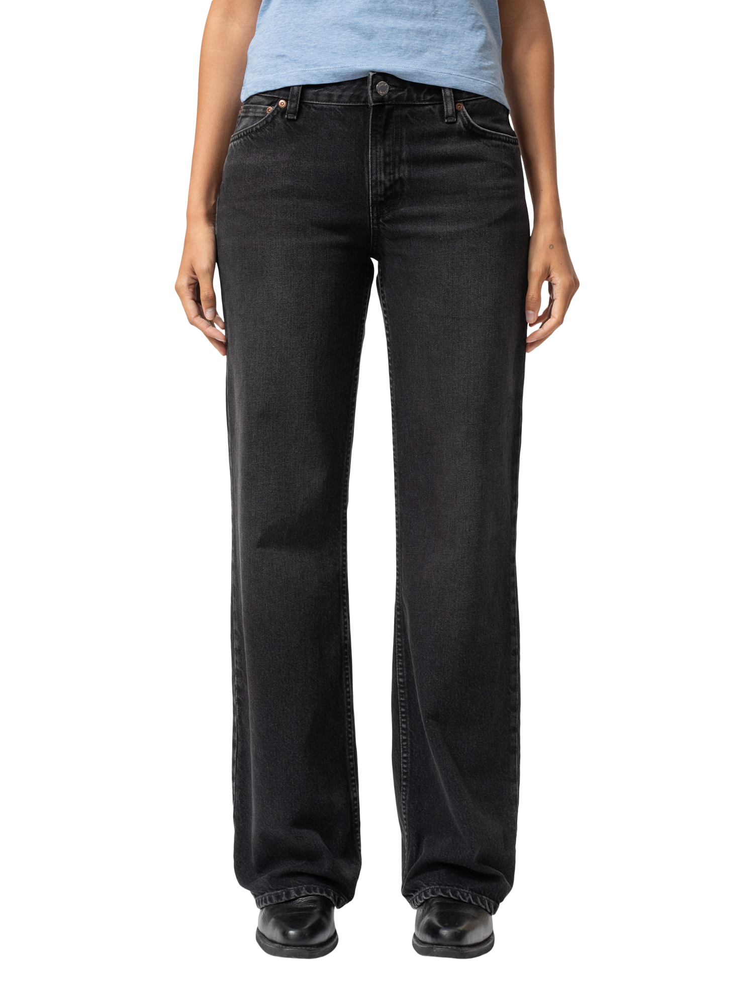 Product image 1 of 9, which shows Nudie Jeans Heidi Wide Leg Jeans, Black, W24/L30