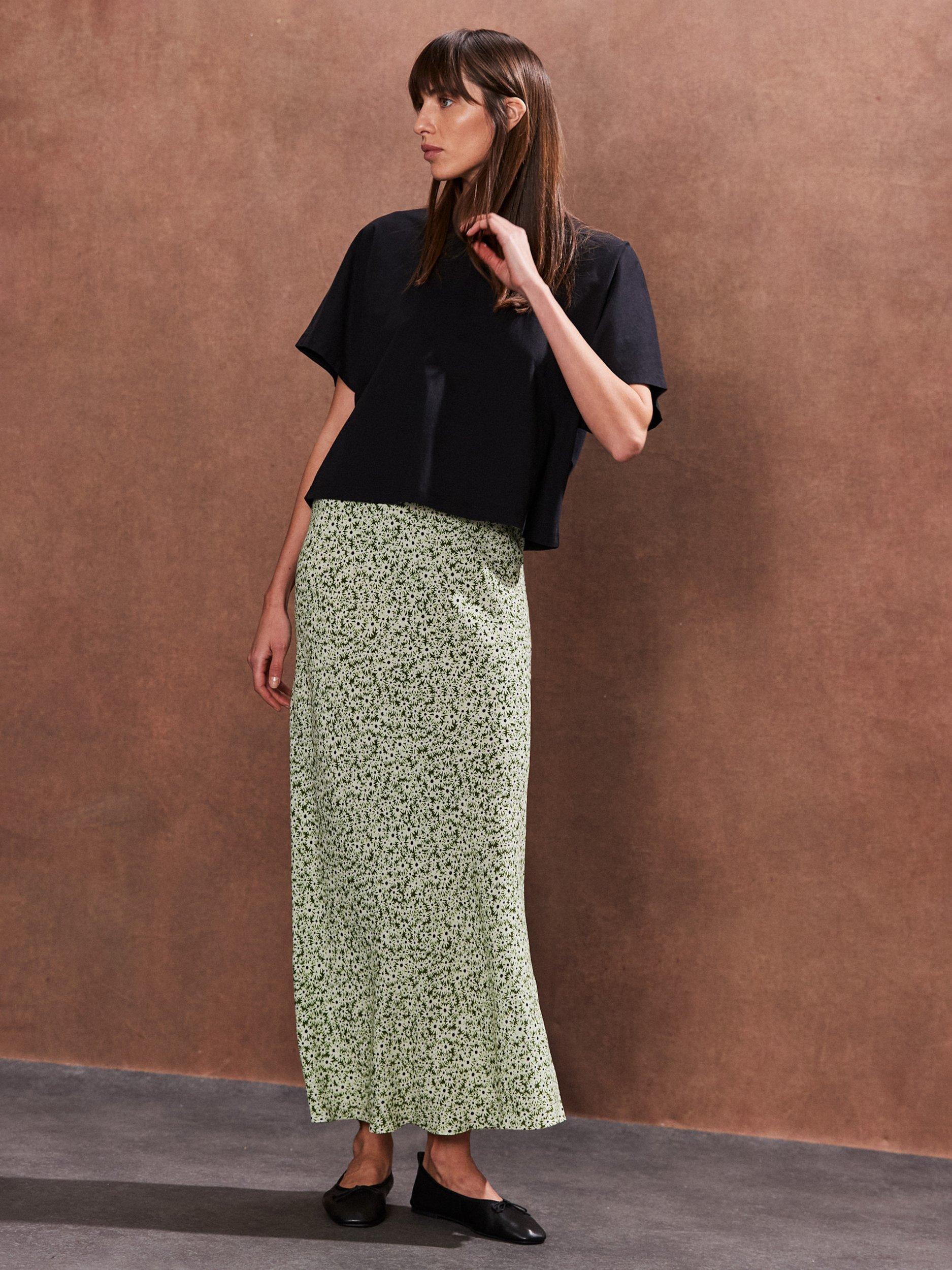 Product image 1 of 4, which shows Ro&Zo Ditsy Print Bias Cut Maxi Skirt, Green, 6