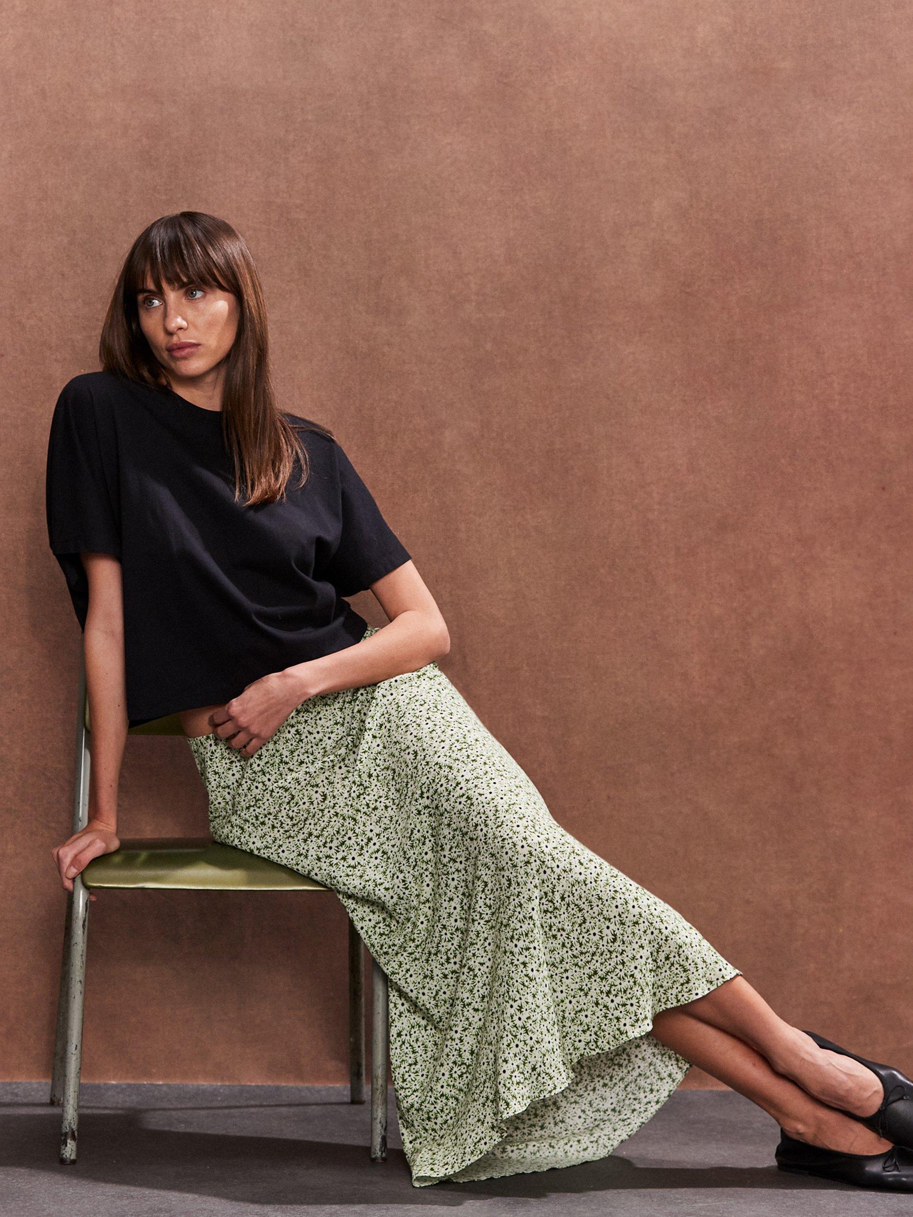 Product image 2 of 4, which shows Ro&Zo Ditsy Print Bias Cut Maxi Skirt, Green, 6
