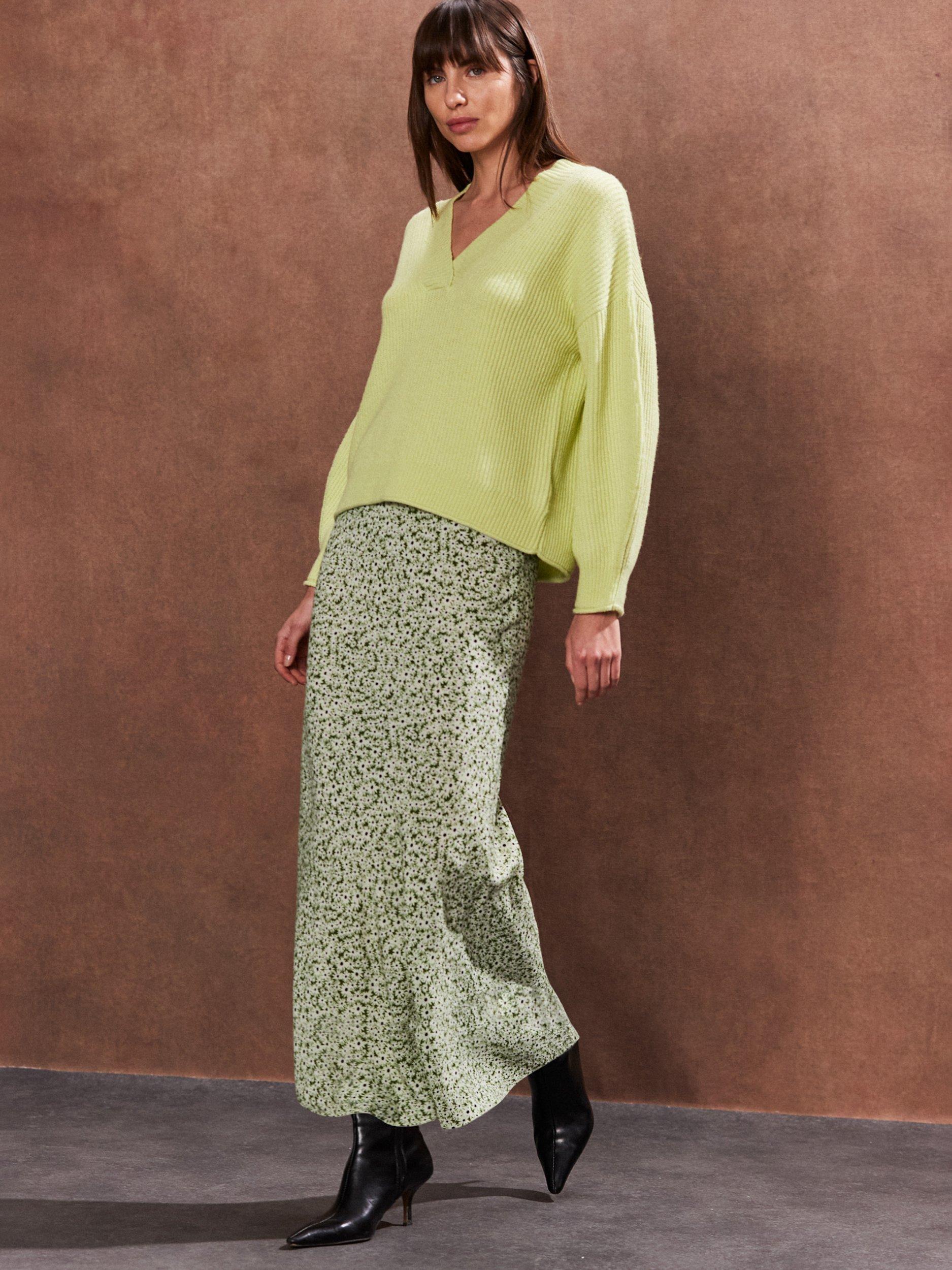 Product image 3 of 4, which shows Ro&Zo Ditsy Print Bias Cut Maxi Skirt, Green, 6