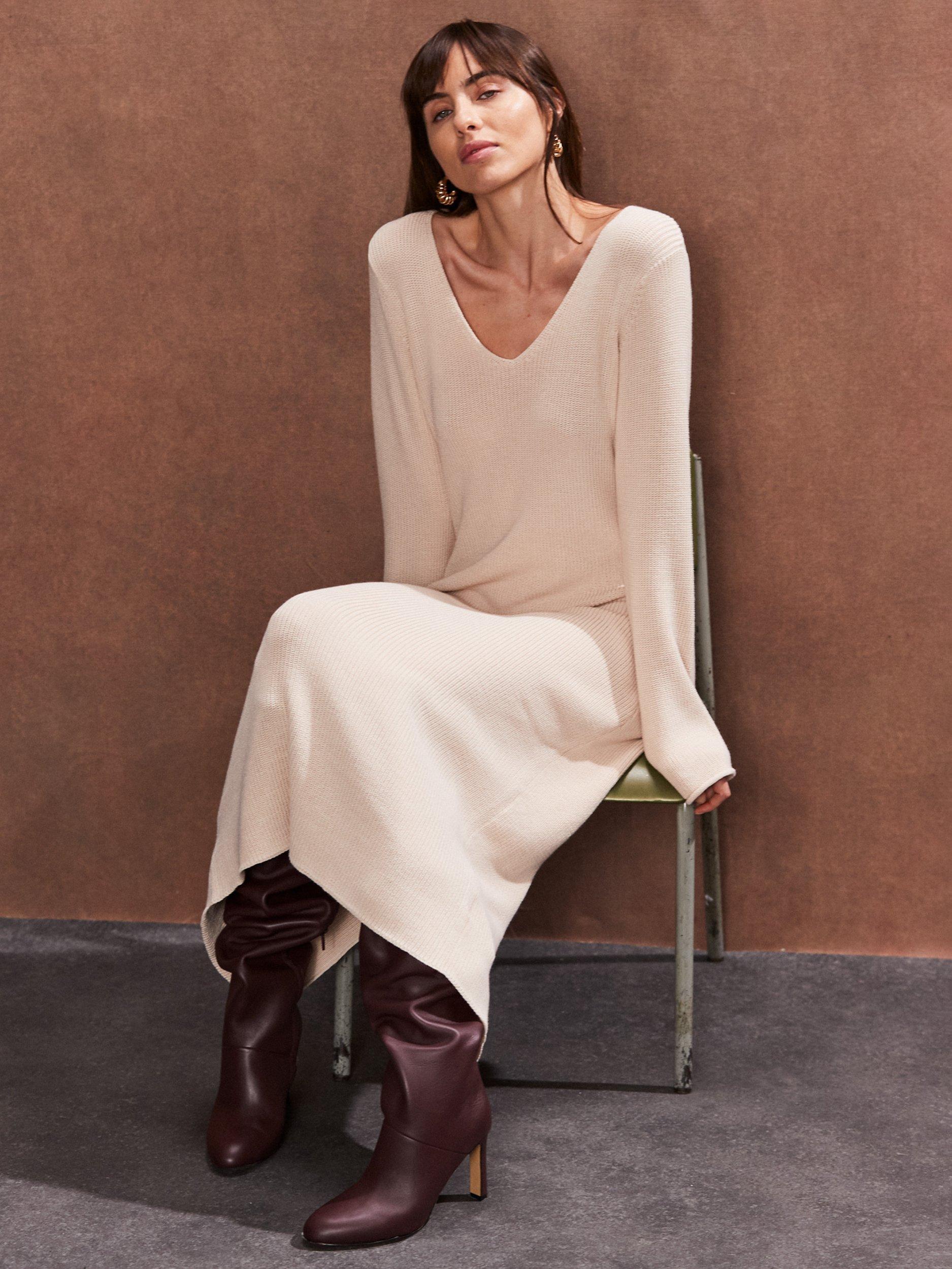 Product image 1 of 4, which shows Ro&Zo Petite V-Neck Knitted Midi Dress, Natural, S Petite