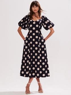 Ro&Zo Yasmin Spot Puff Sleeve Dress, Navy/White, Navy/White
