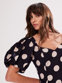 Ro&Zo Yasmin Spot Puff Sleeve Dress, Navy/White - view 2, Navy/White