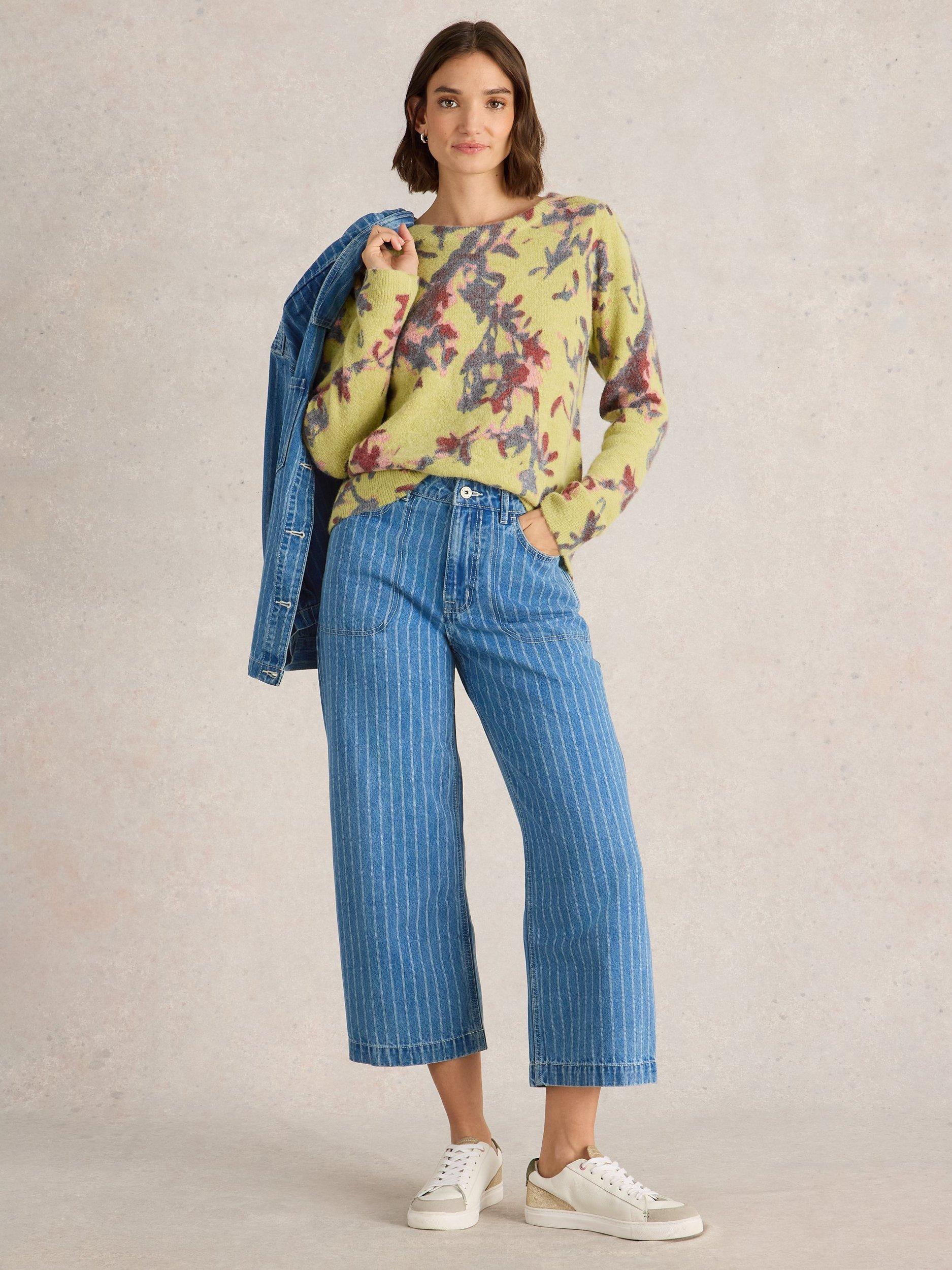 Product image 1 of 6, which shows White Stuff Tia Stripe Organic Cotton Rich Crop Wide Leg Jeans, Blue, 8R