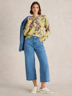 White Stuff Tia Stripe Organic Cotton Rich Crop Wide Leg Jeans, Blue, Blue