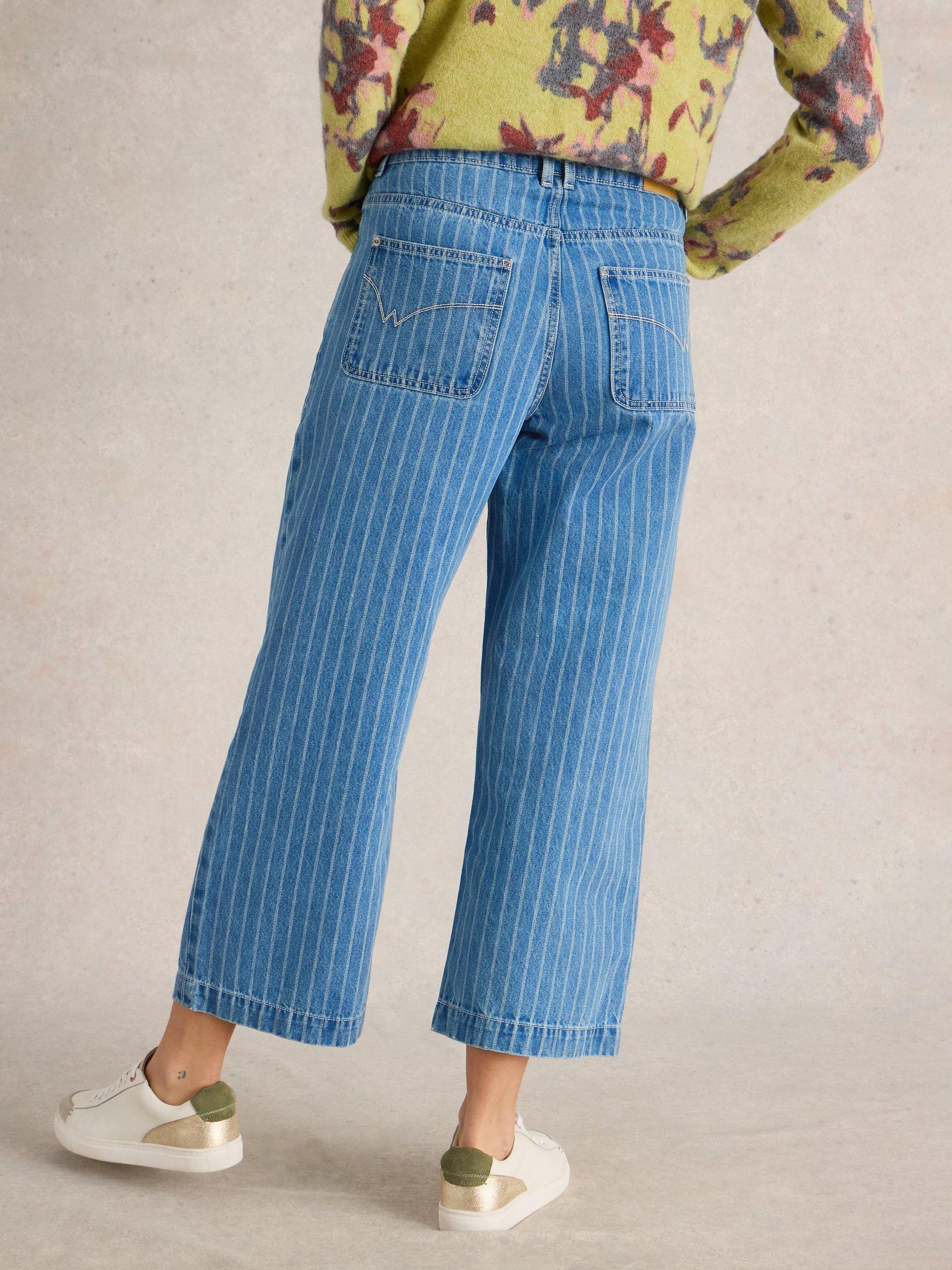 Product image 2 of 6, which shows White Stuff Tia Stripe Organic Cotton Rich Crop Wide Leg Jeans, Blue, 8R