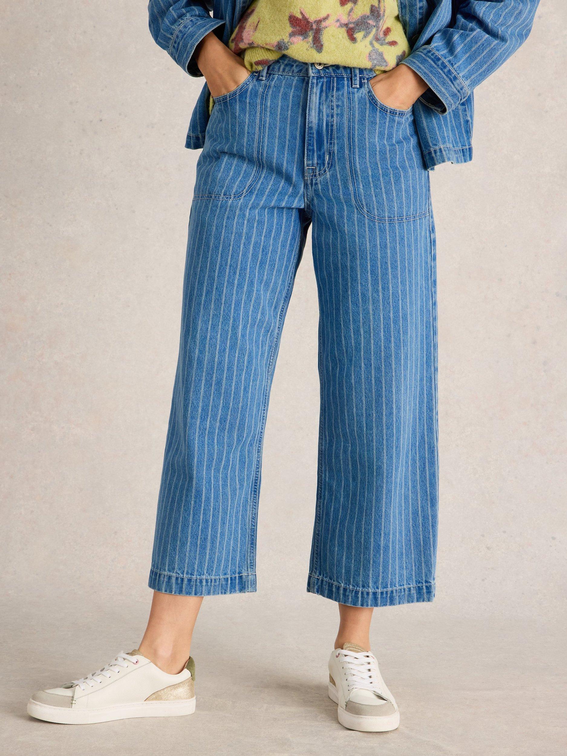 Product image 4 of 6, which shows White Stuff Tia Stripe Organic Cotton Rich Crop Wide Leg Jeans, Blue, 8R