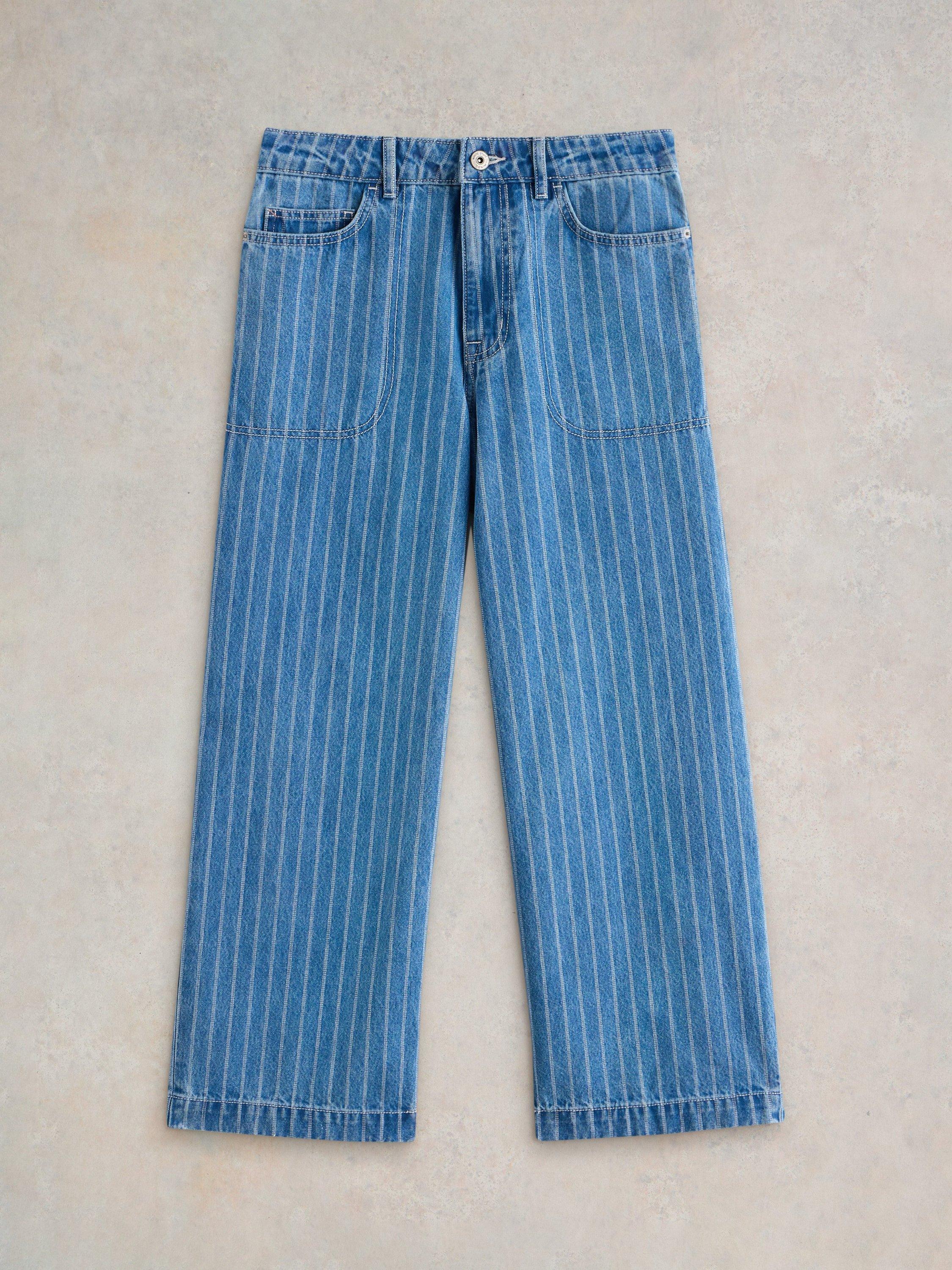 Product image 5 of 6, which shows White Stuff Tia Stripe Organic Cotton Rich Crop Wide Leg Jeans, Blue, 8R