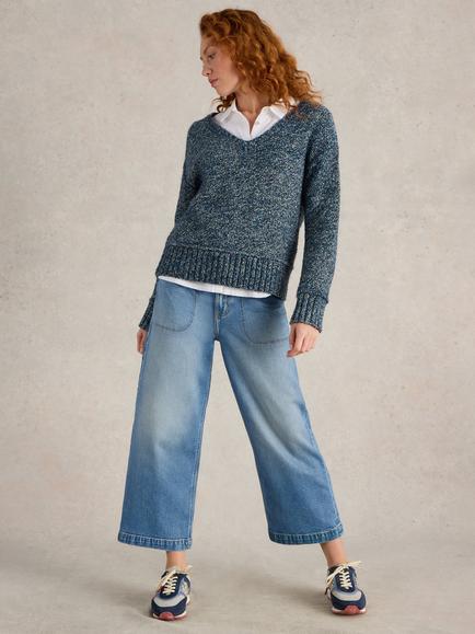White Stuff Tia Wide Leg Crop Jeans, Mid Blue