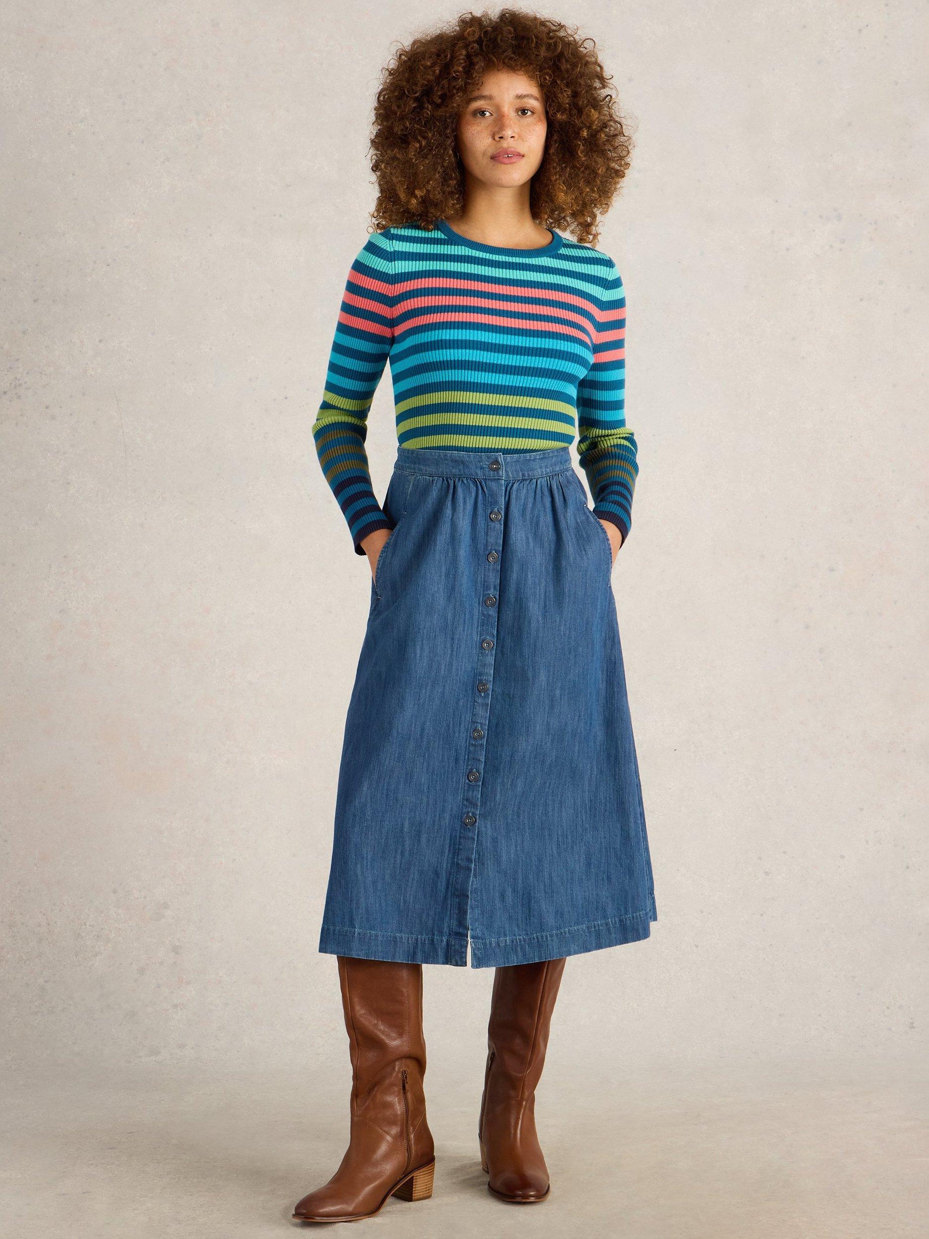 Product image 1 of 6, which shows White Stuff Heather Pure Organic Cotton Denim Skirt, Mid Blue, 10