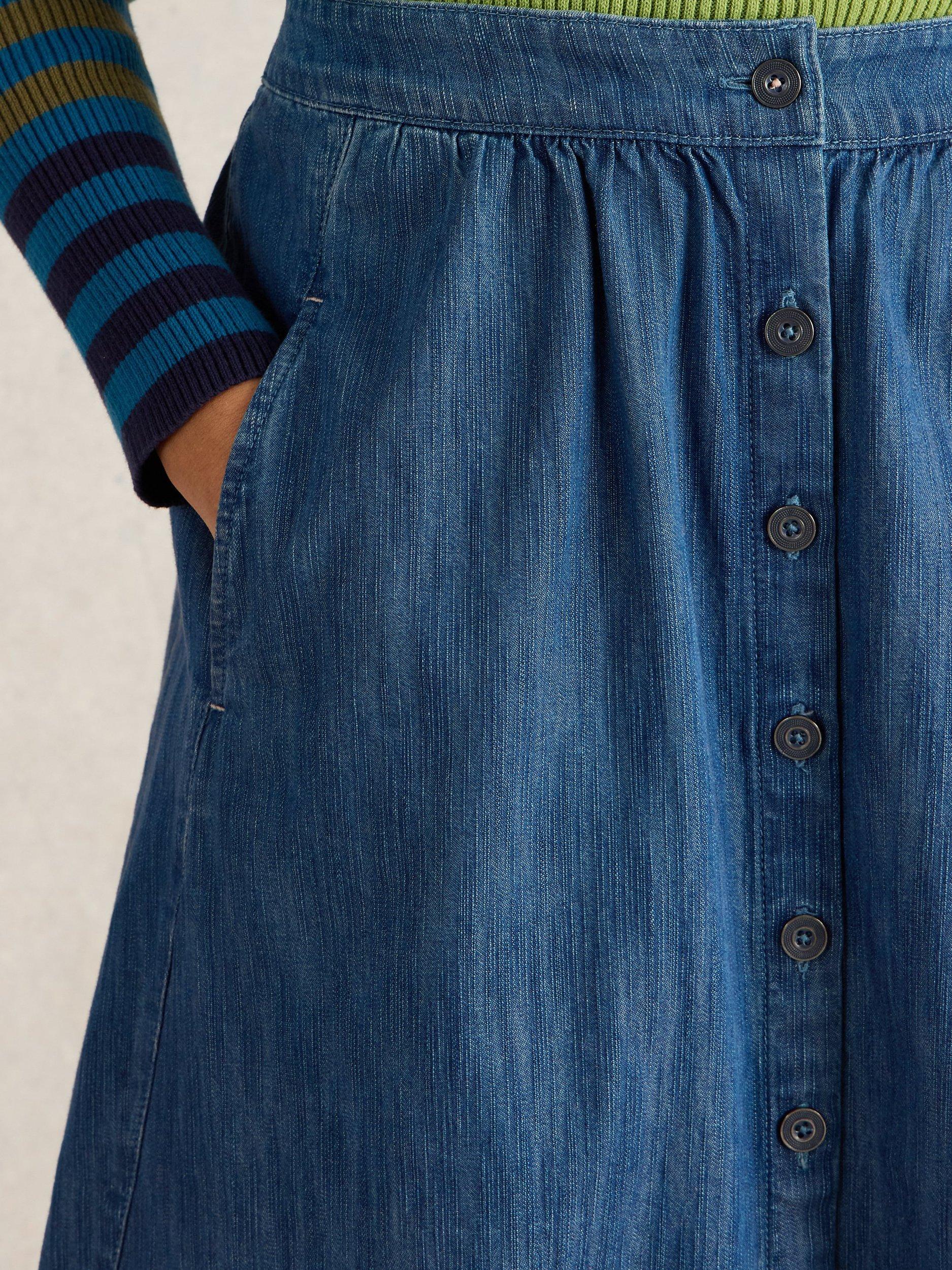 Product image 3 of 6, which shows White Stuff Heather Pure Organic Cotton Denim Skirt, Mid Blue, 10