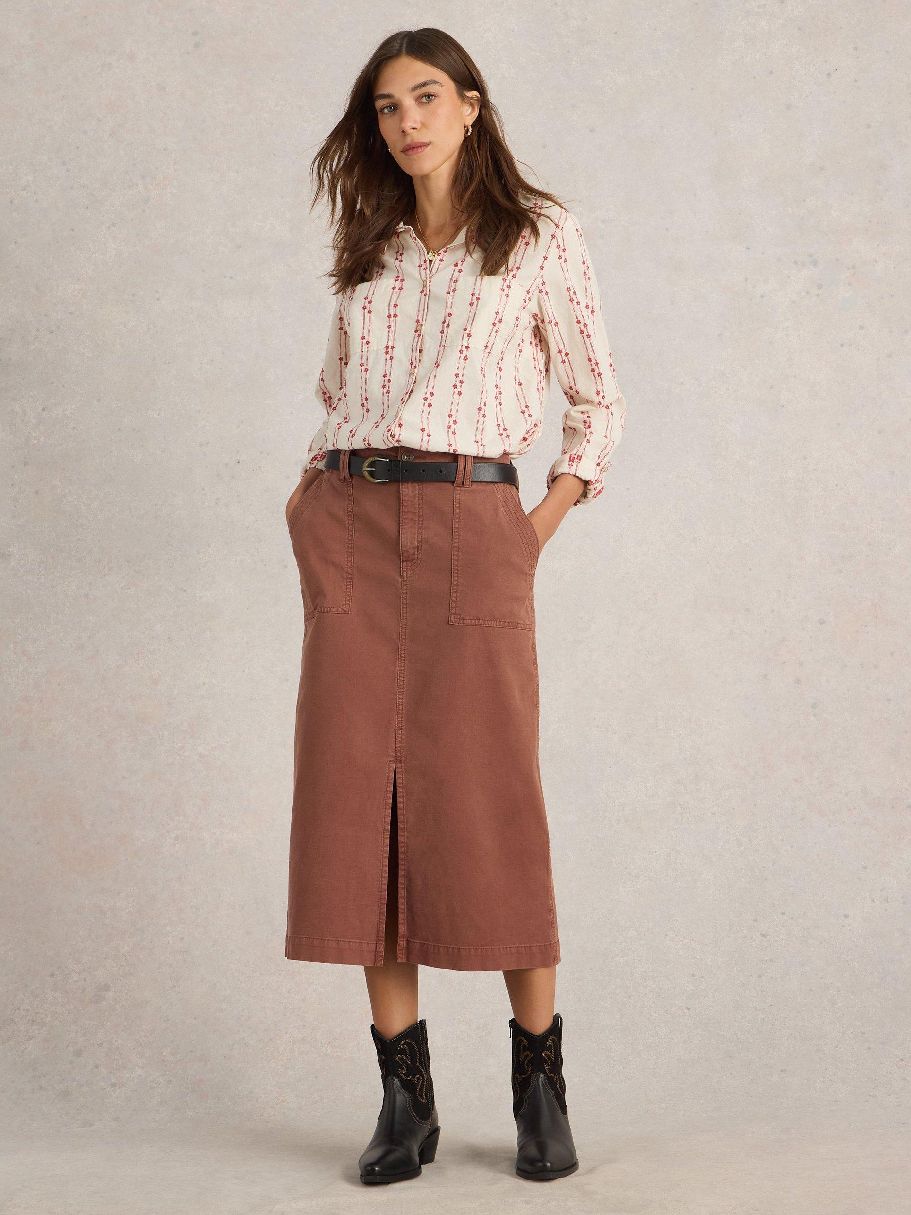 Product image 1 of 6, which shows White Stuff Maren Organic Cotton Rich Midi Skirt, Dark Tan, 8