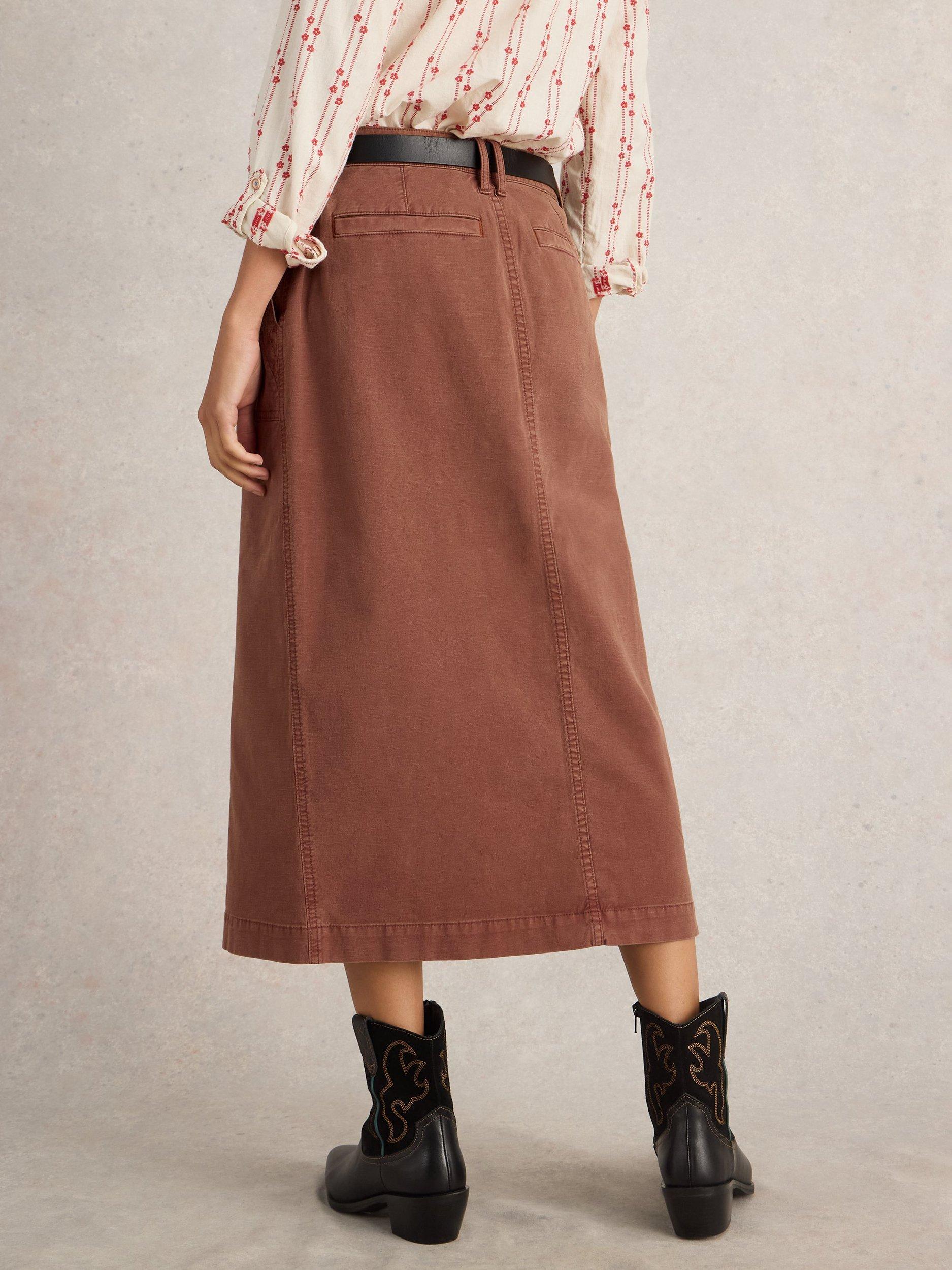 Product image 2 of 6, which shows White Stuff Maren Organic Cotton Rich Midi Skirt, Dark Tan, 8
