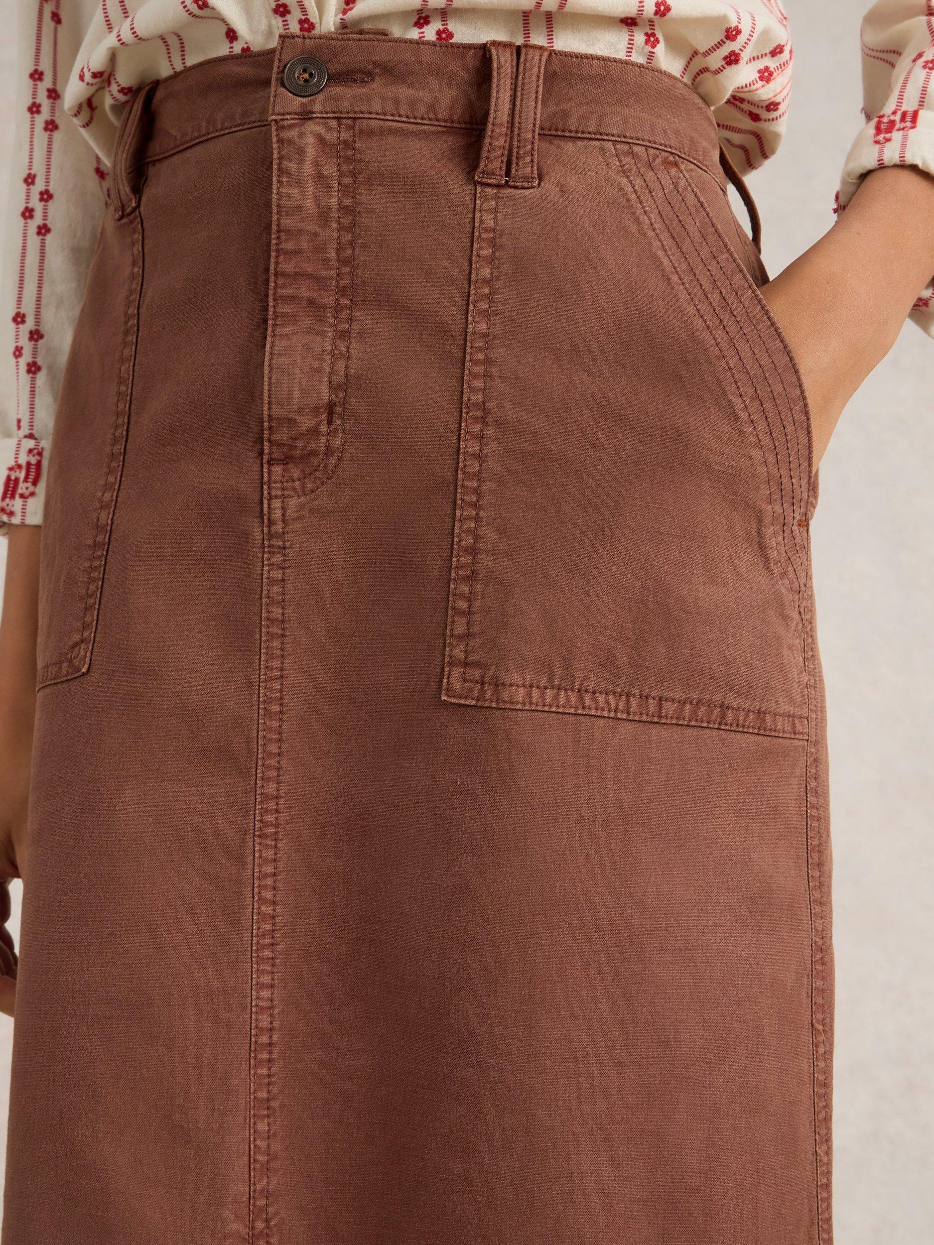 Product image 3 of 6, which shows White Stuff Maren Organic Cotton Rich Midi Skirt, Dark Tan, 8