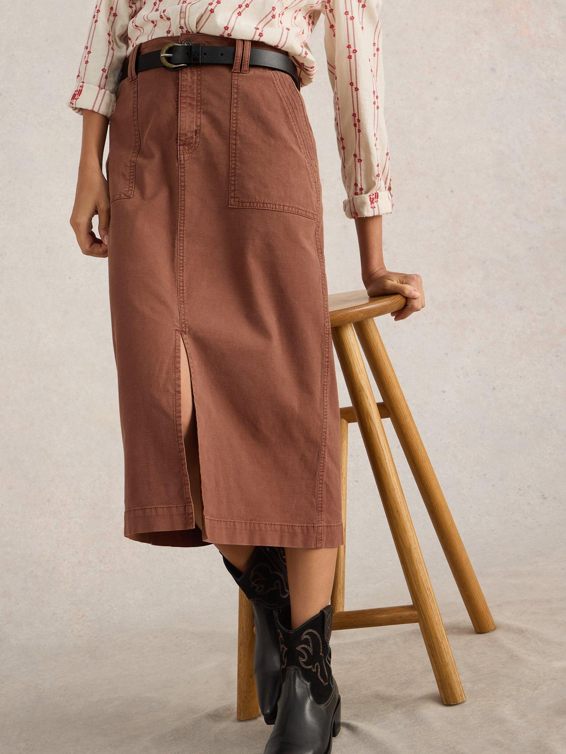 Product image 4 of 6, which shows White Stuff Maren Organic Cotton Rich Midi Skirt, Dark Tan, 8