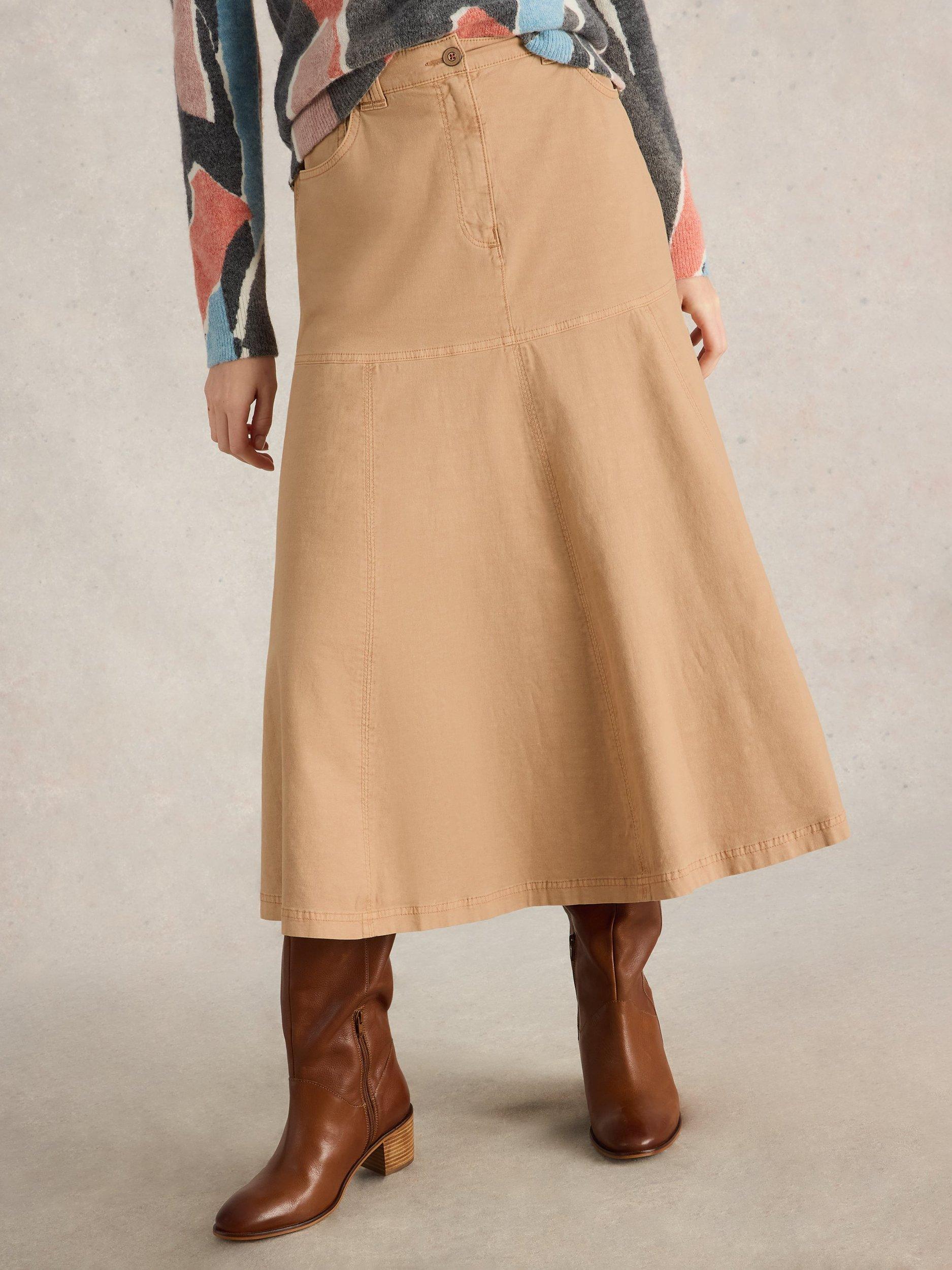 Product image 4 of 6, which shows White Stuff Quinn Organic Cotton Rich Midi Skirt, Dark Natural, 6