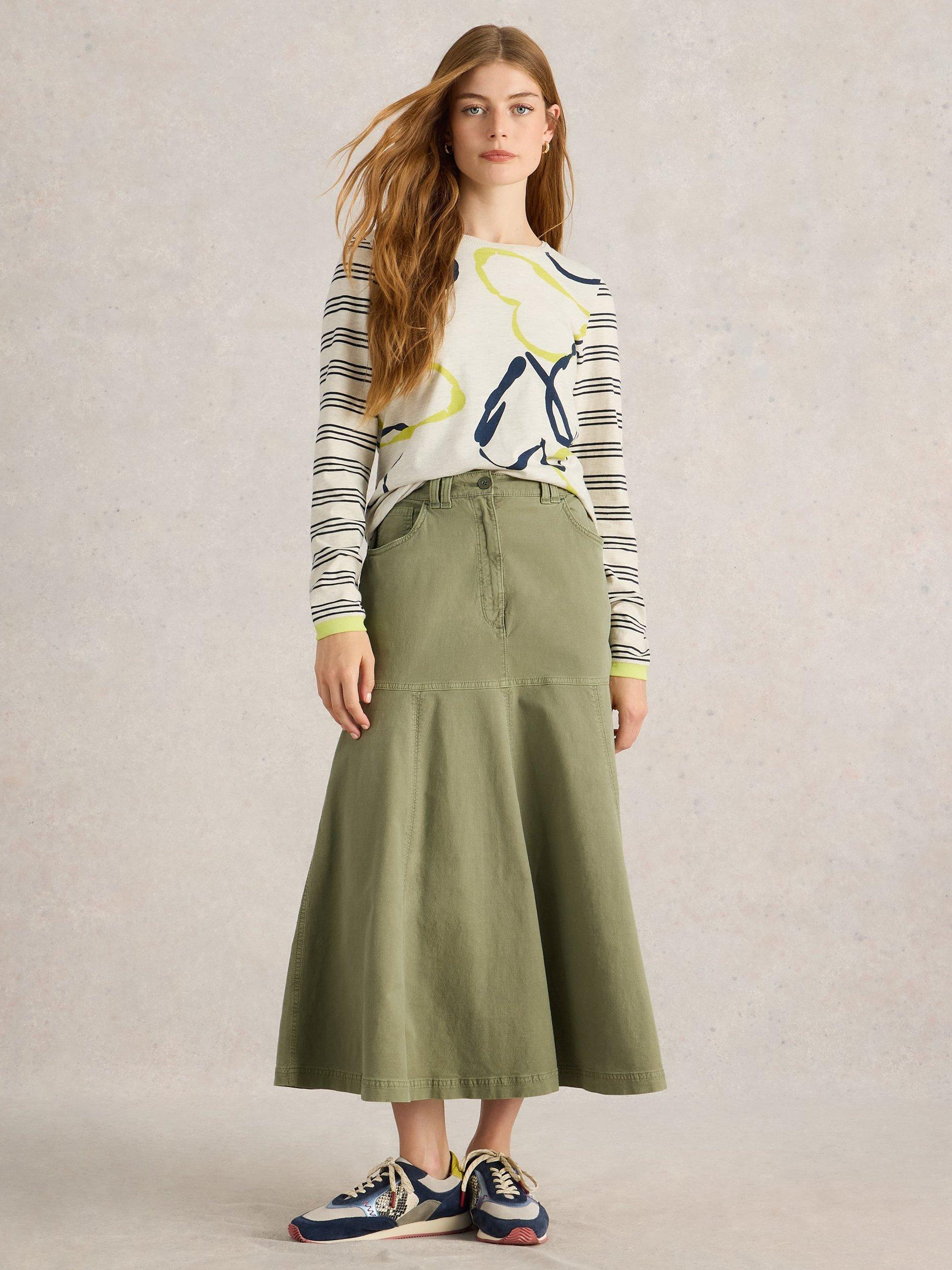Product image 1 of 6, which shows White Stuff Quinn Organic Cotton Rich Midi Skirt, Khaki, 6